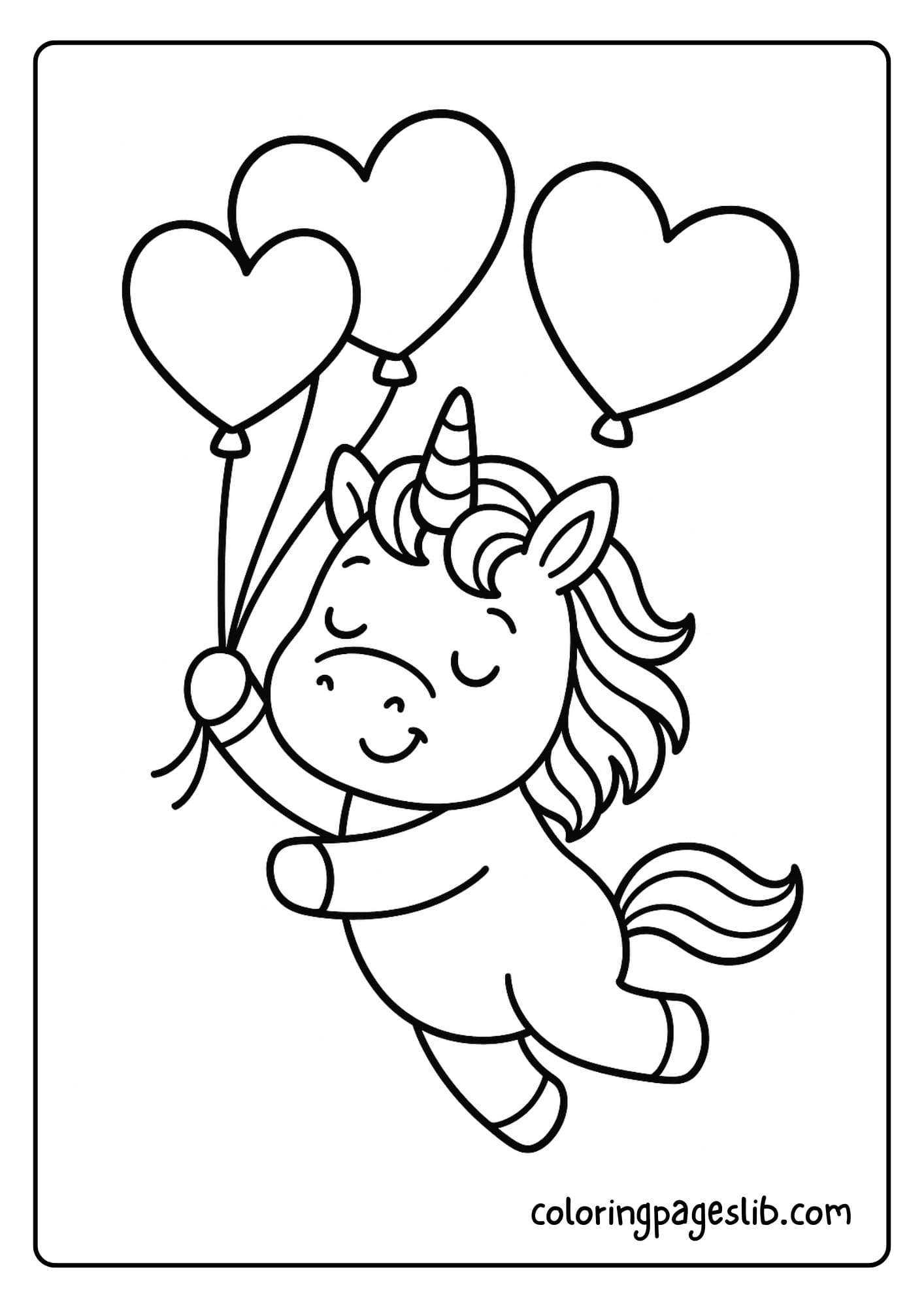 Unicorn flying with heart-shaped balloons