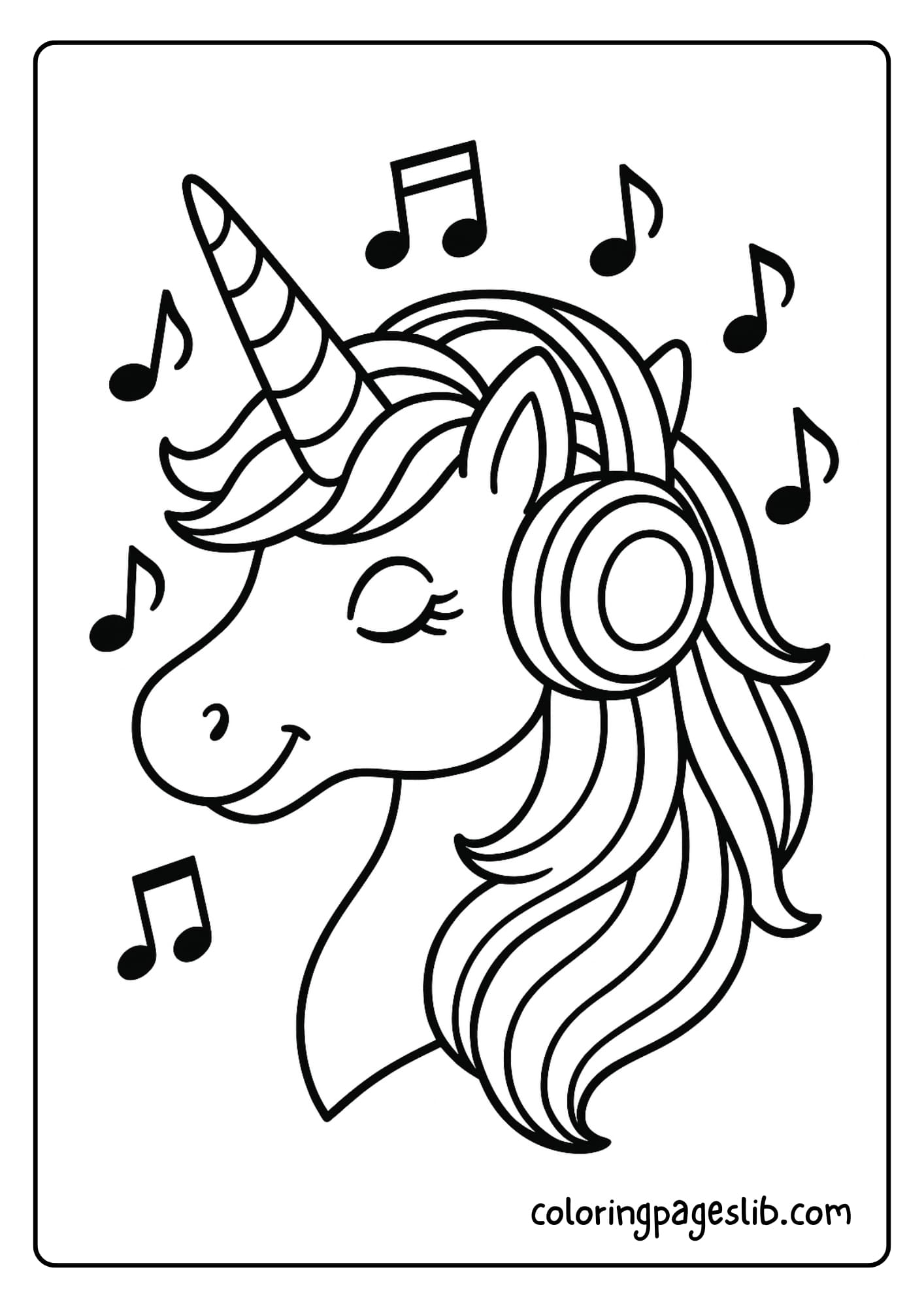 Unicorn head decorated with musical notes and headphones