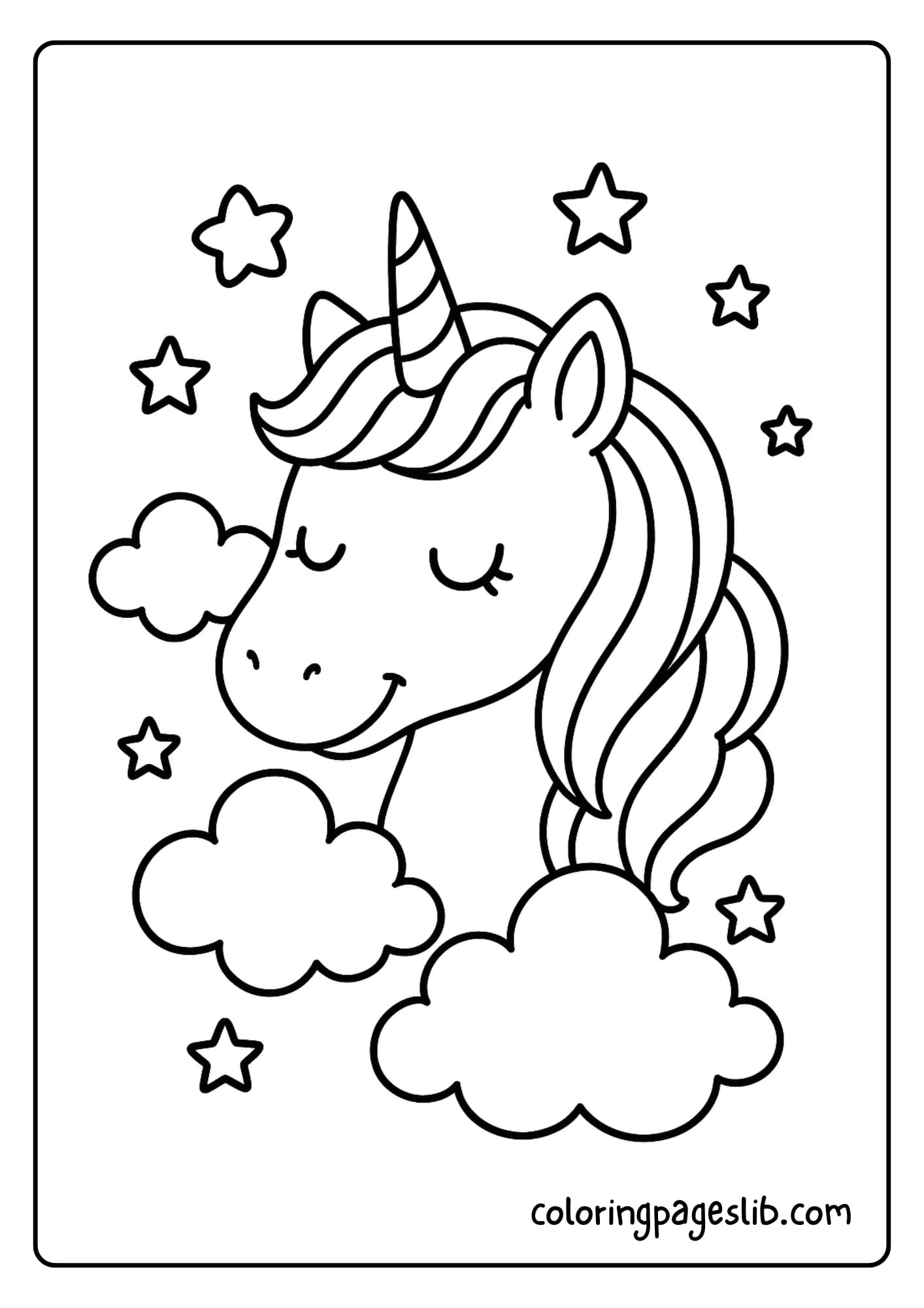 Unicorn head surrounded by fluffy clouds and stars