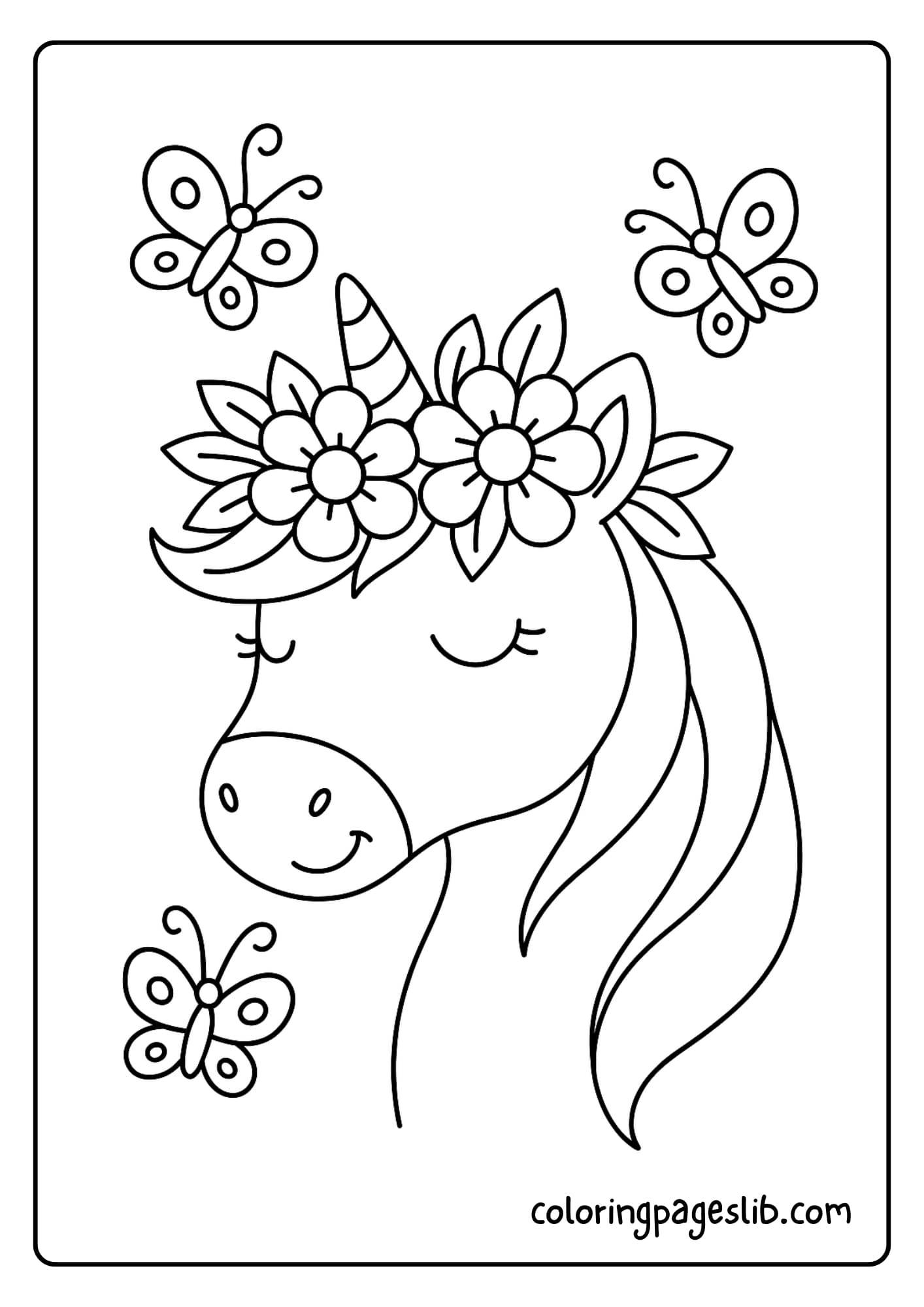 Unicorn head wearing a flower crown with smiling butterflies around