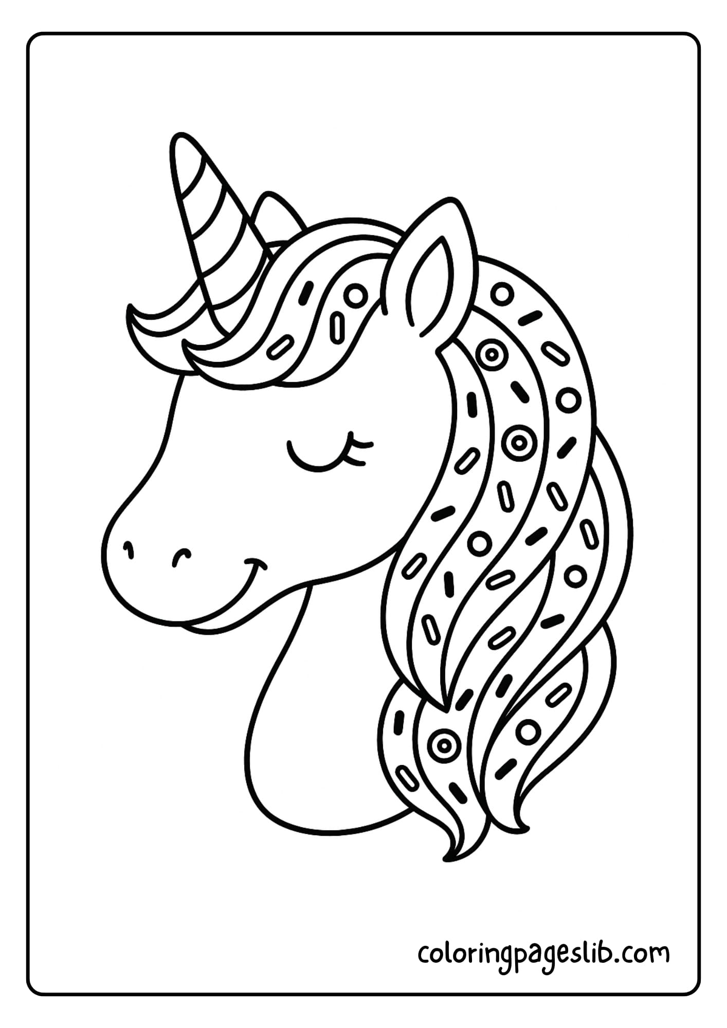 Unicorn head with candy cane stripes on the horn and donut sprinkles in the mane