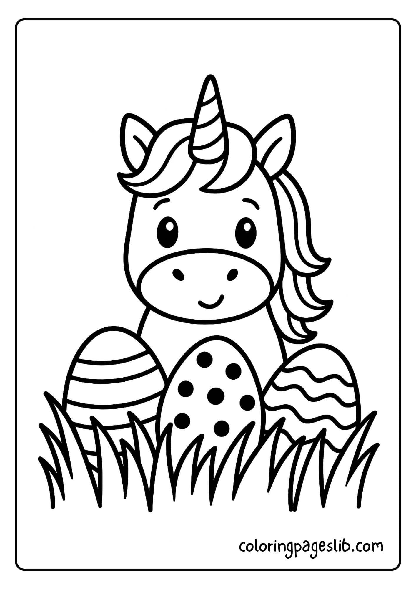 Unicorn hiding Easter eggs in the grass