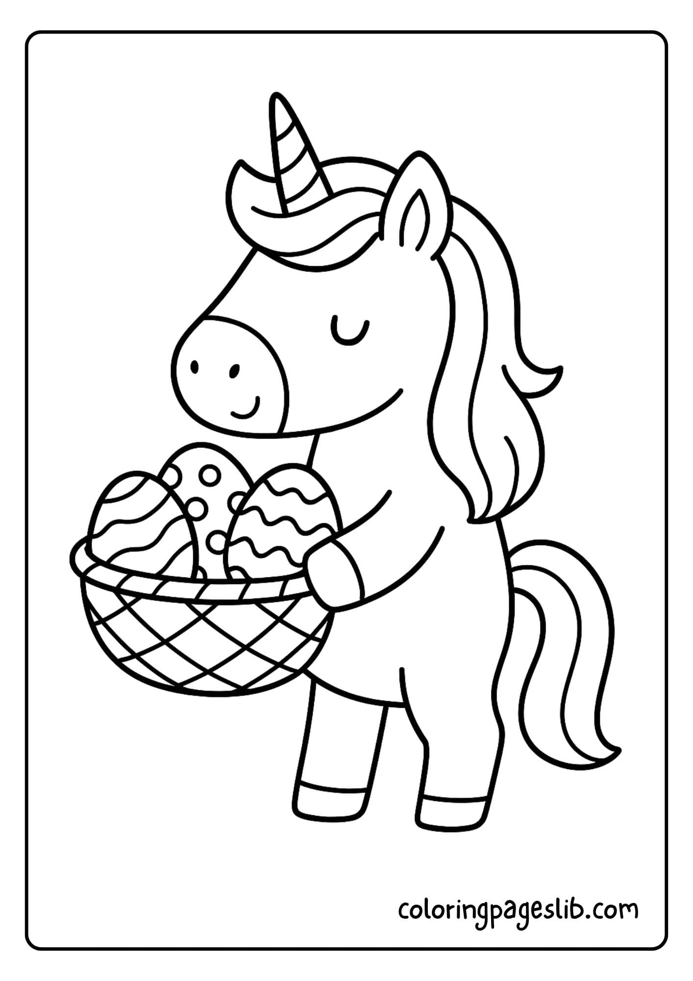Unicorn holding a basket full of decorated eggs