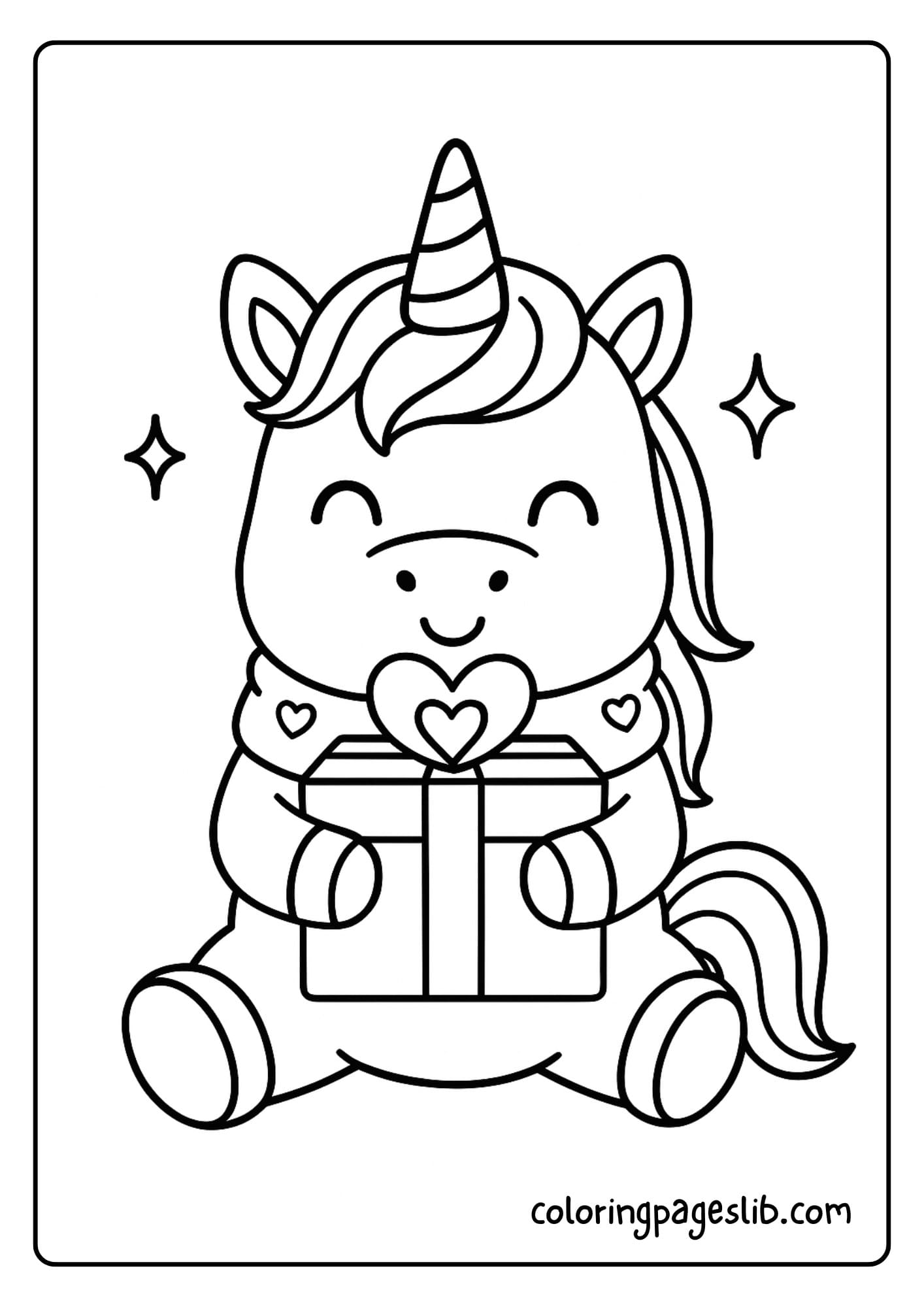 Unicorn holding a gift box with a heart on top