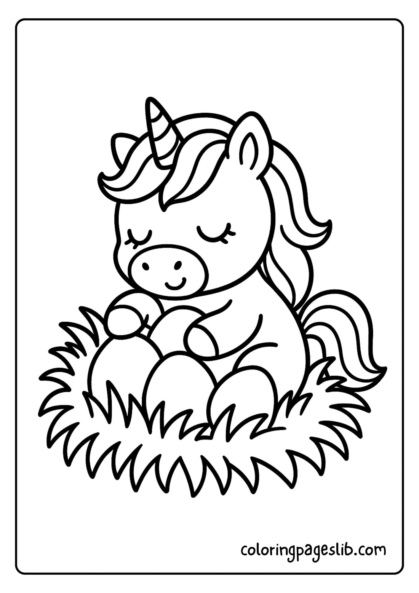 Unicorn napping in a nest of soft grass and eggs