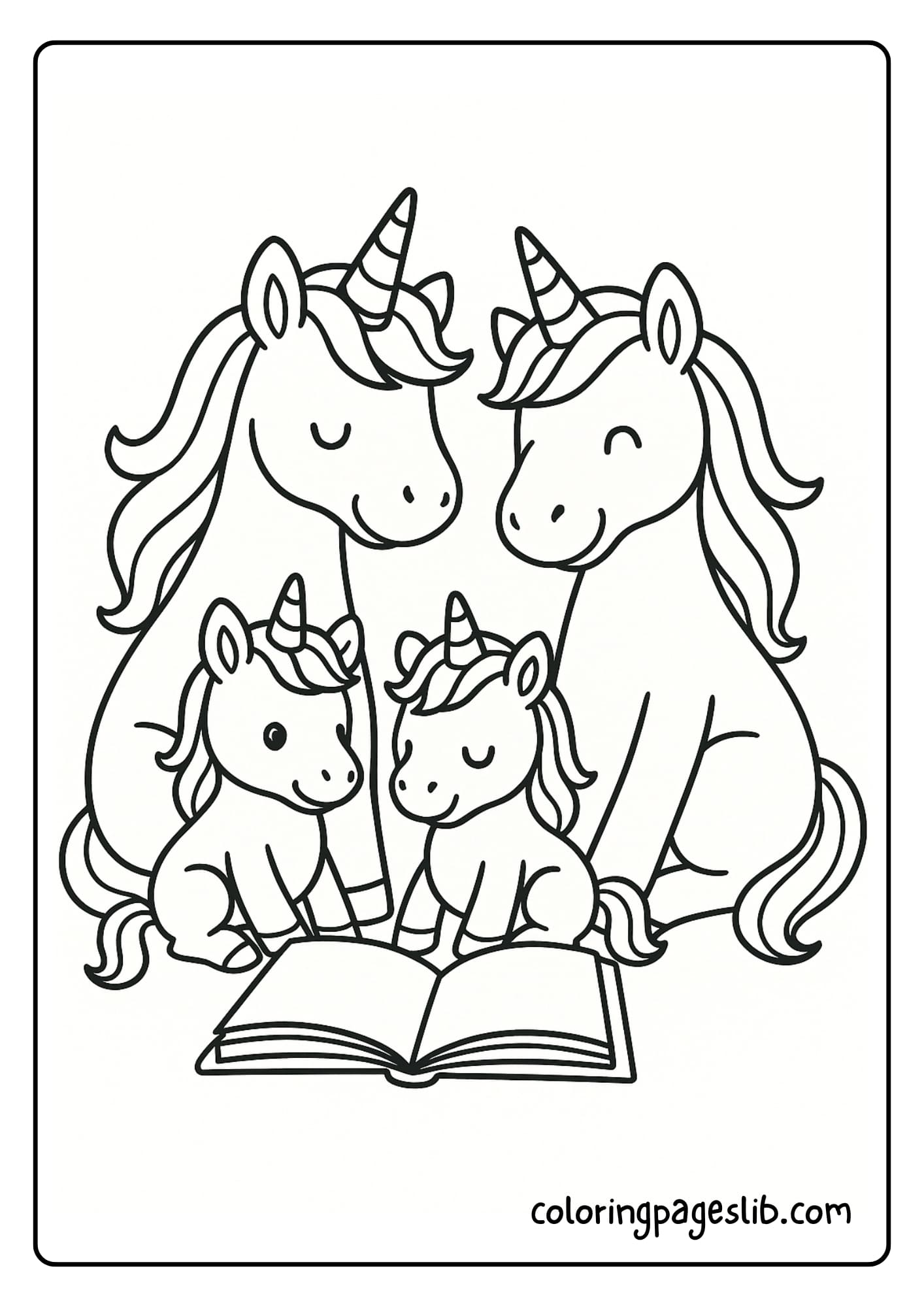 Unicorn parents reading a book to the baby unicorns
