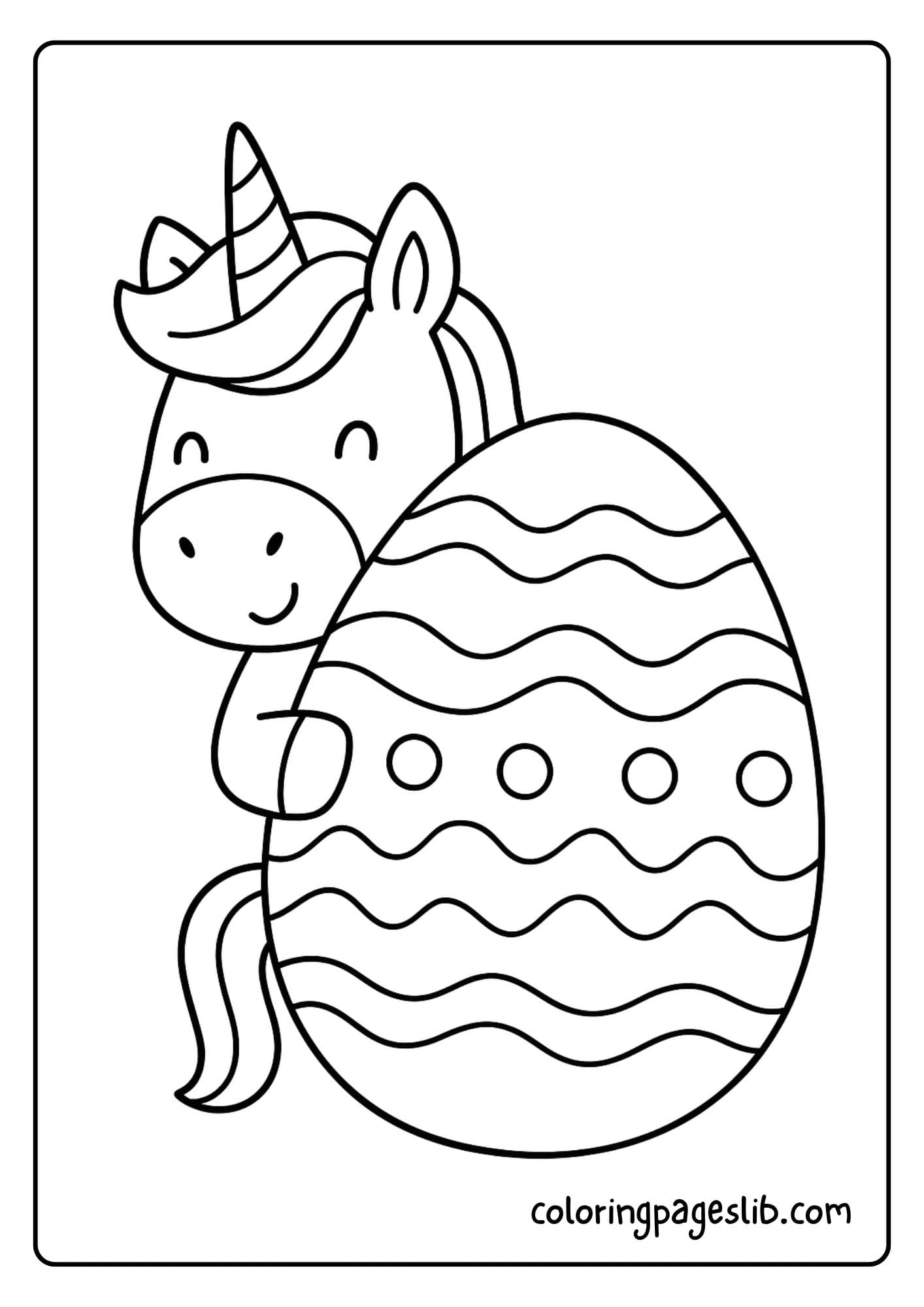 Unicorn peeking out from behind a giant Easter egg
