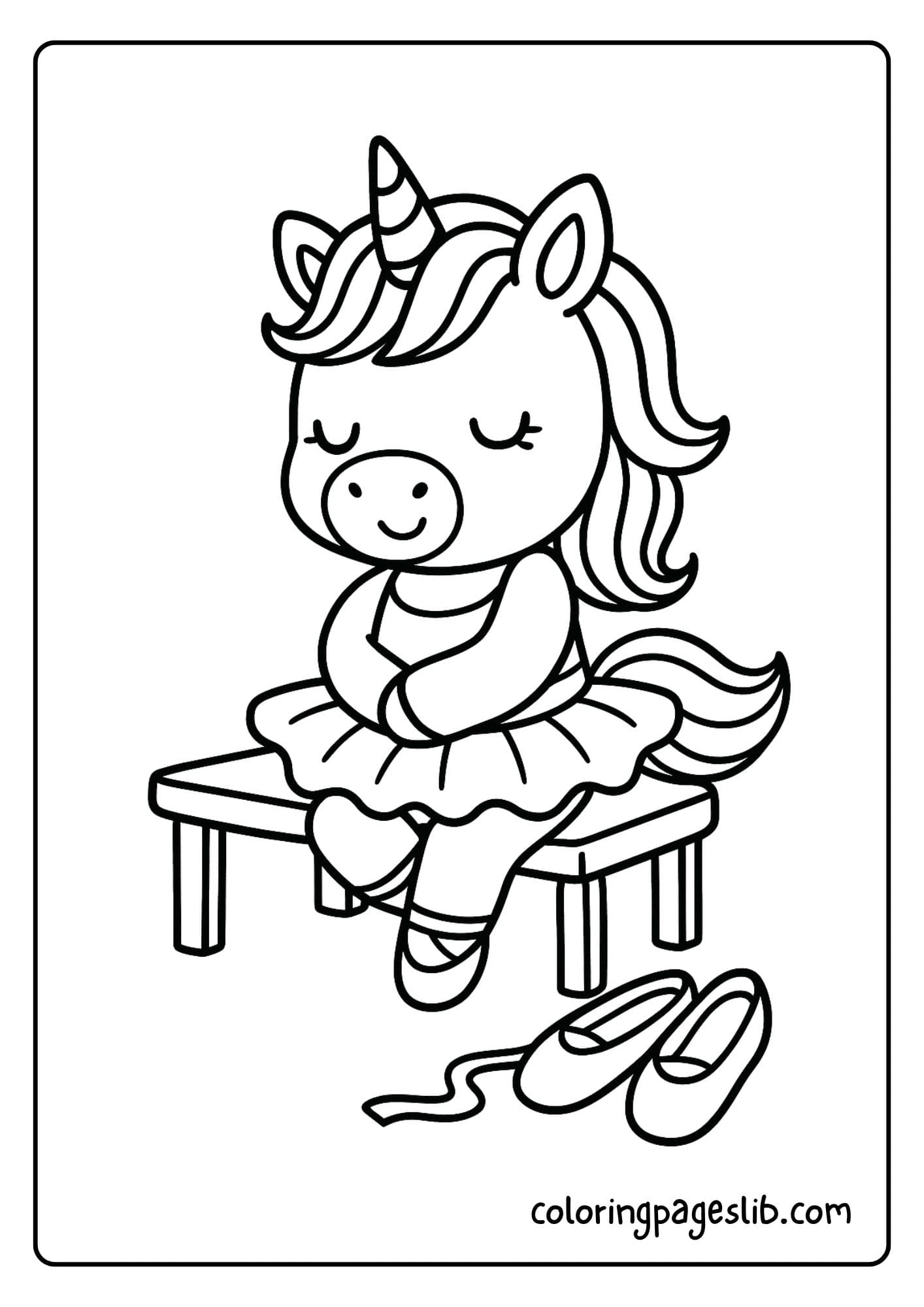 Unicorn resting on a ballet bench with slippers beside