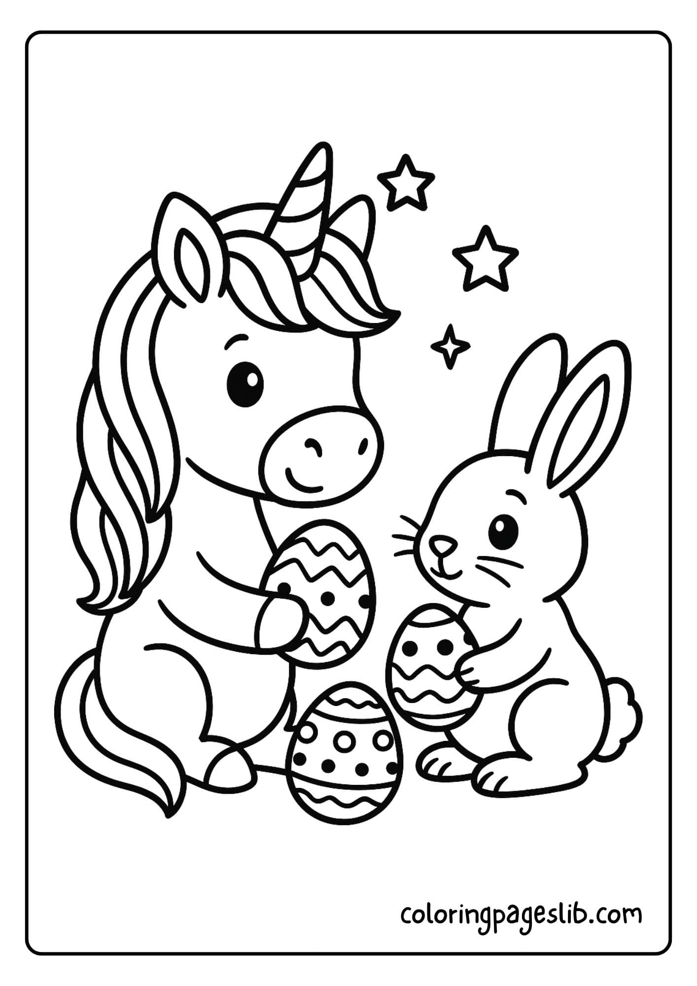 Unicorn sharing eggs with a cute bunny friend