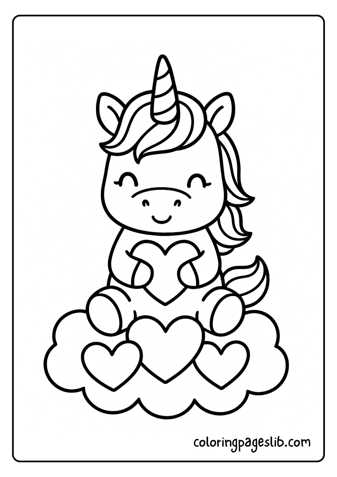 Unicorn sitting on a cloud made of hearts