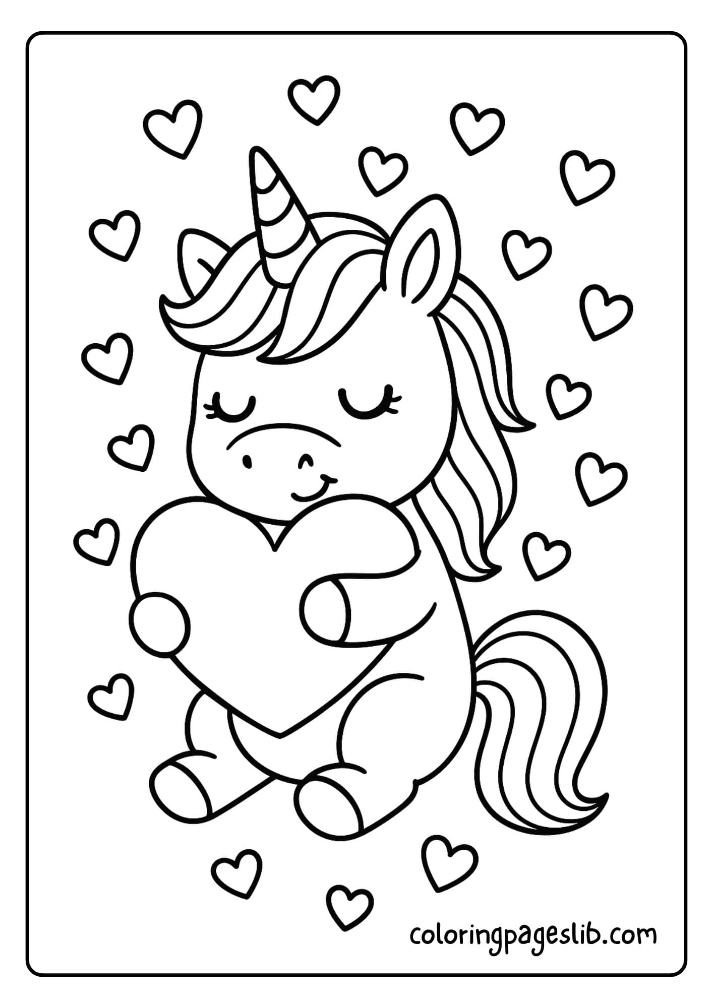 Unicorn surrounded by falling heart-shaped confetti