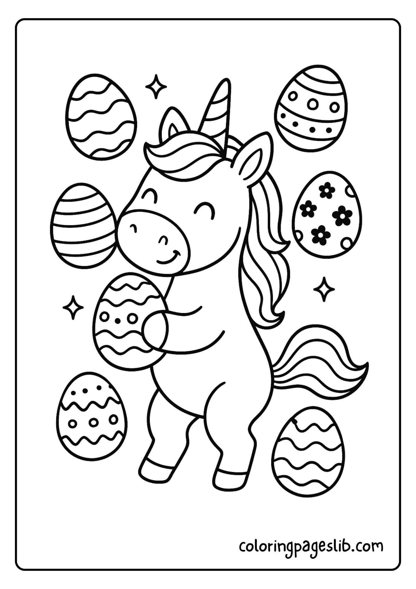 Unicorn surrounded by floating decorated eggs