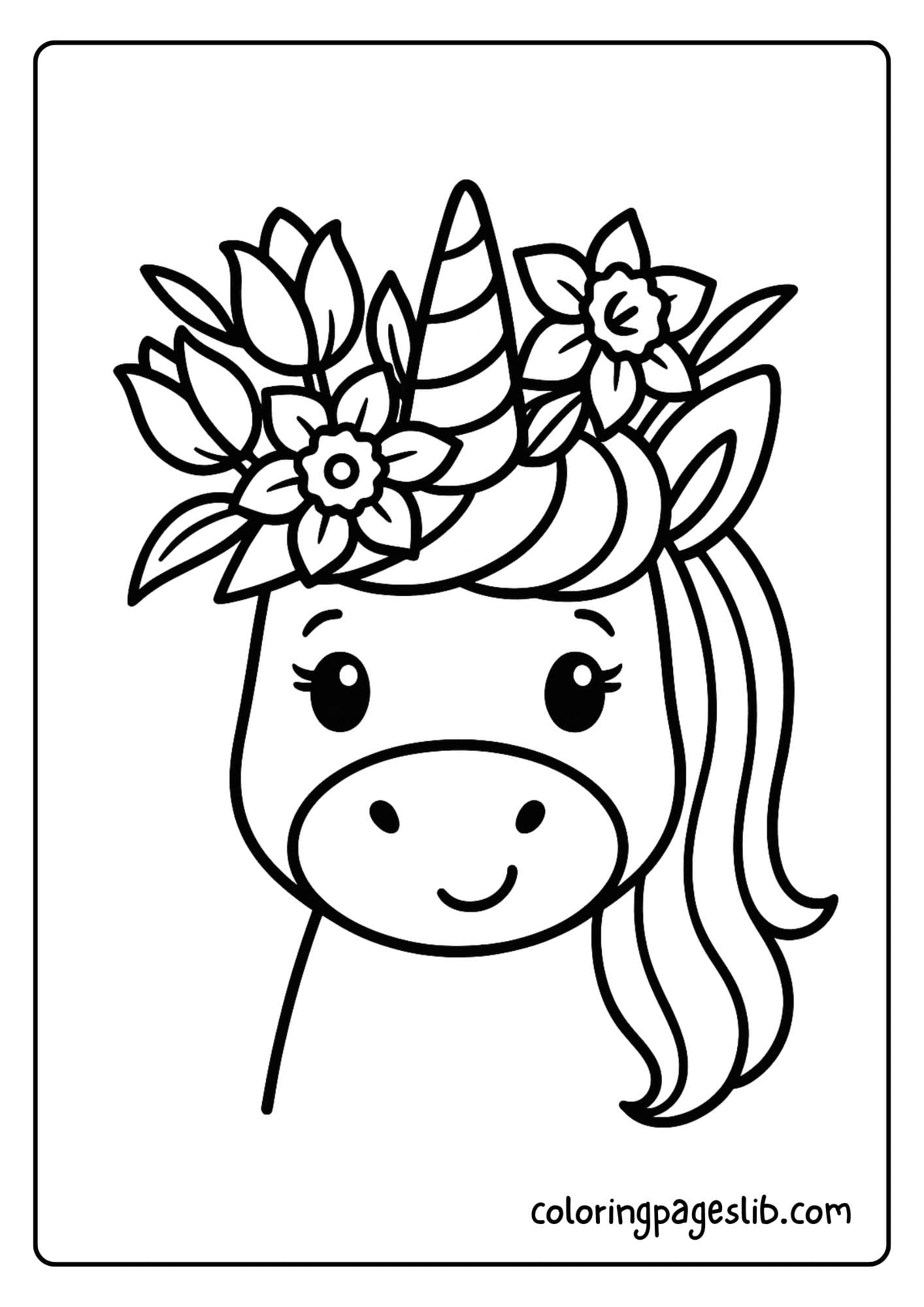 Unicorn wearing a wreath of tulips and daffodils