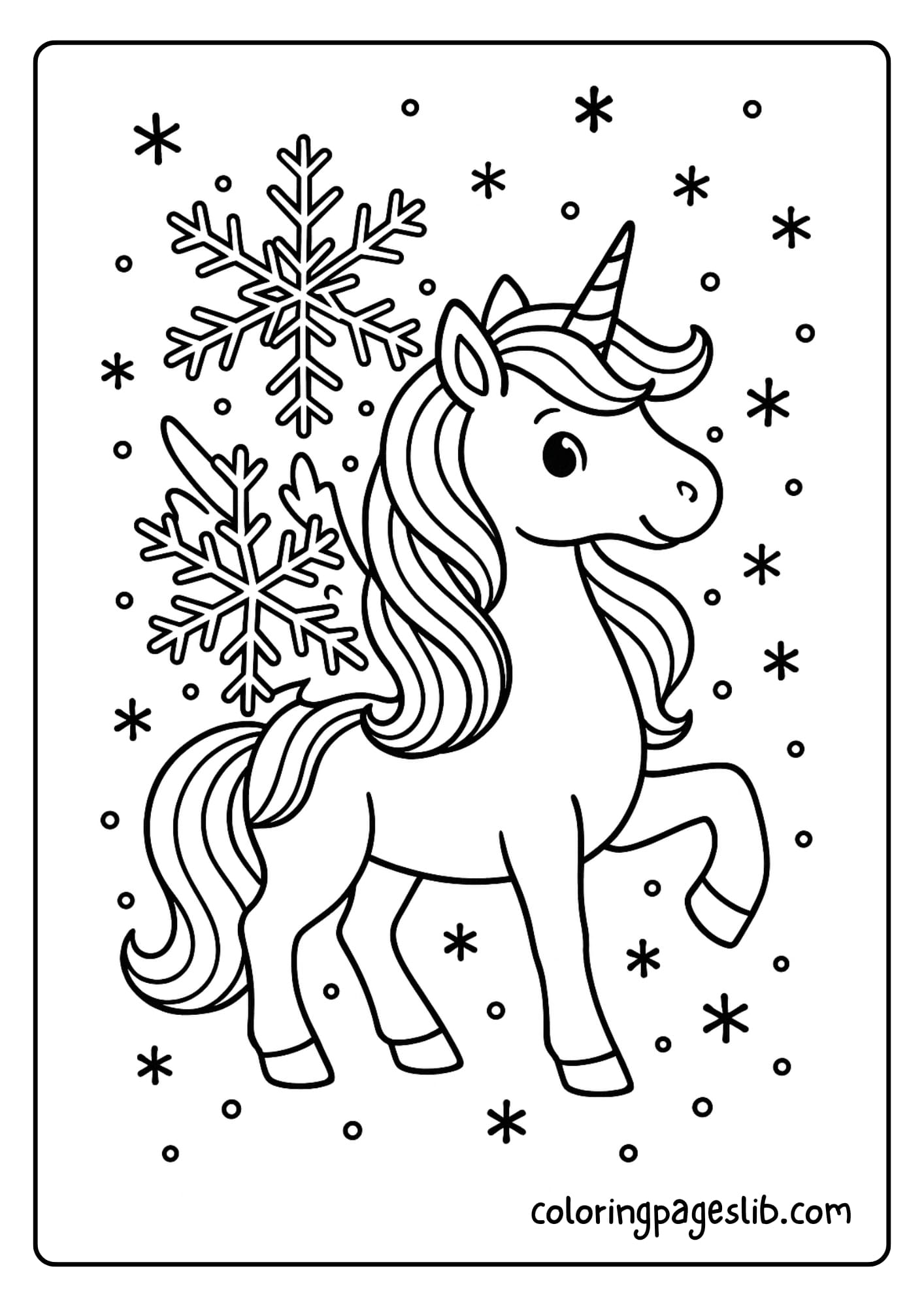 Unicorn with Snowflake Wings – Christmas Unicorn Coloring Pages