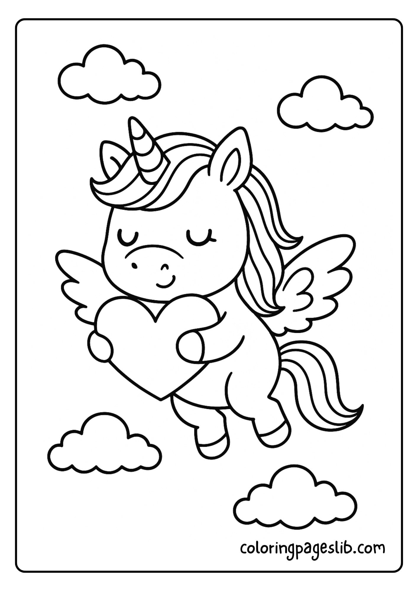 Unicorn with heart wings flying in the sky