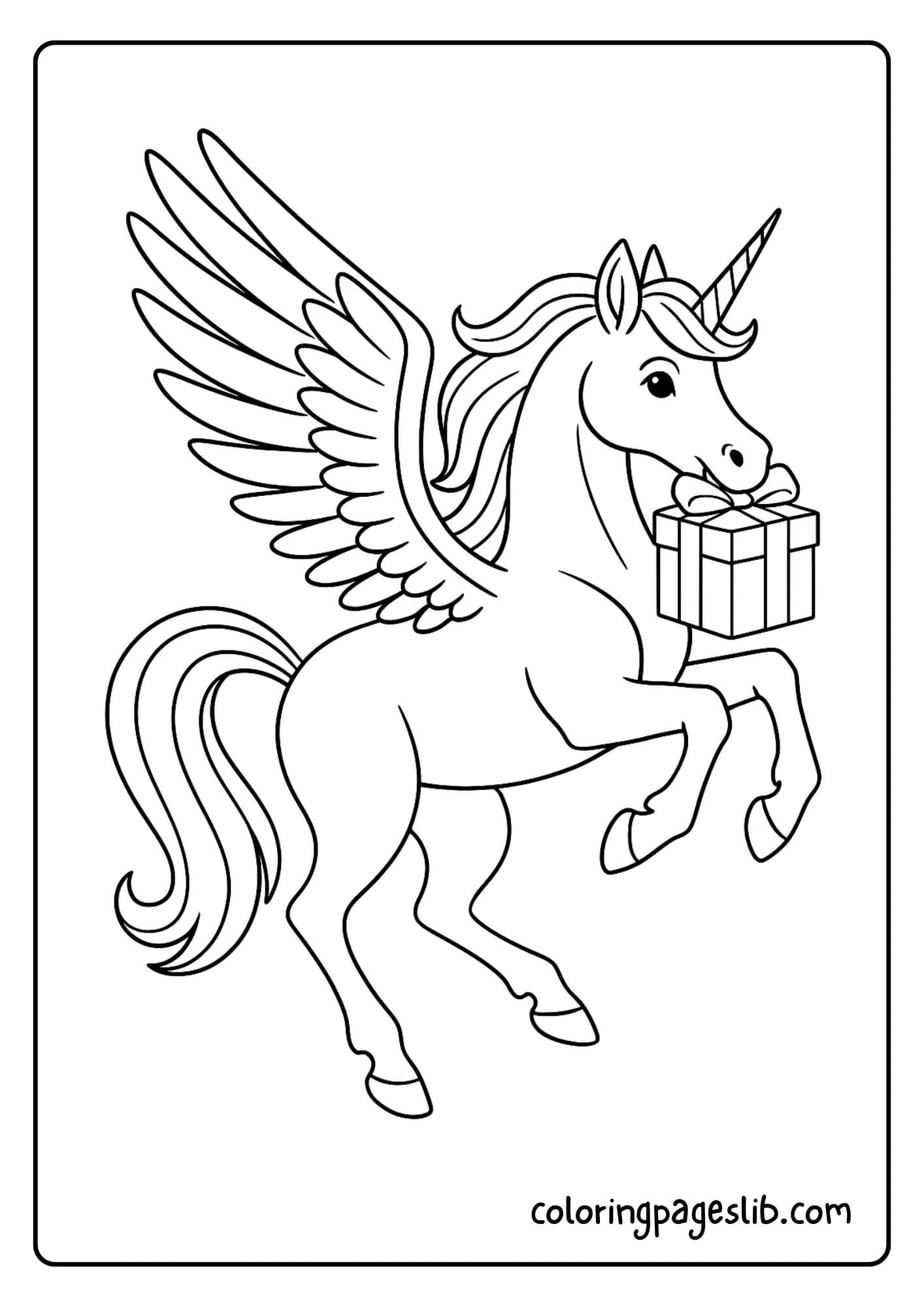 Unicorn with wings carrying a gift in its mouth