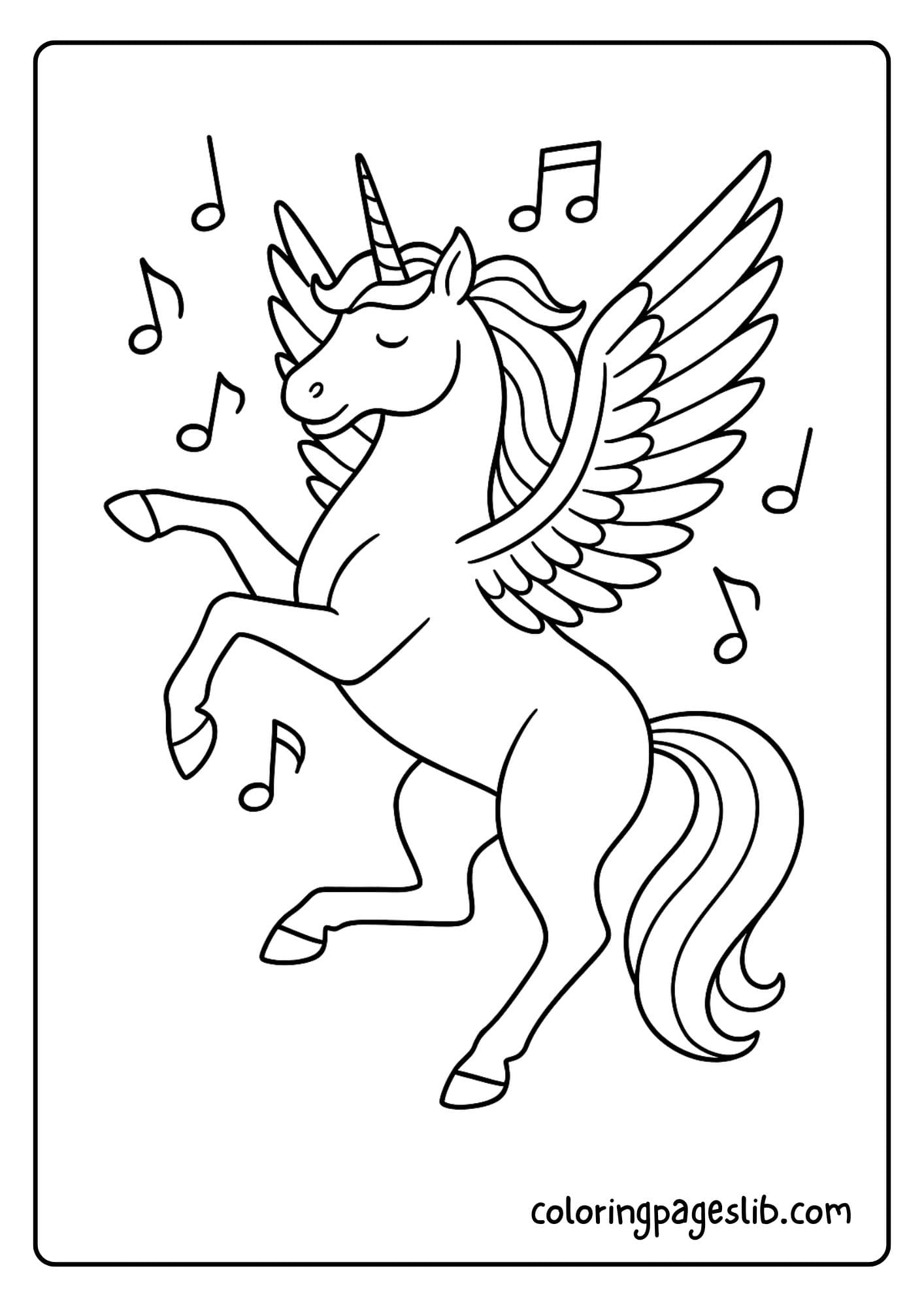 Unicorn with wings making music with floating notes