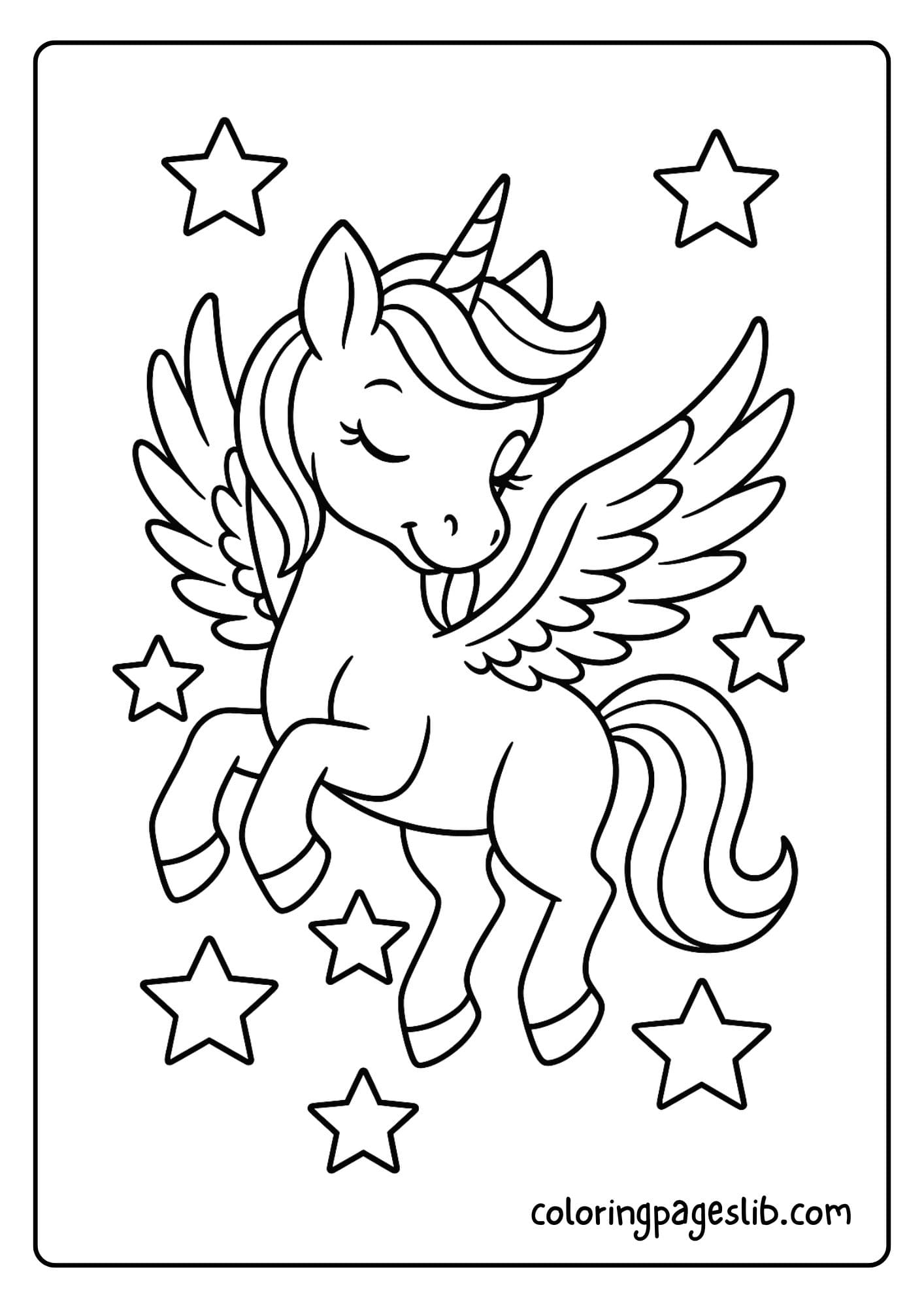 Unicorn with wings playing among floating stars