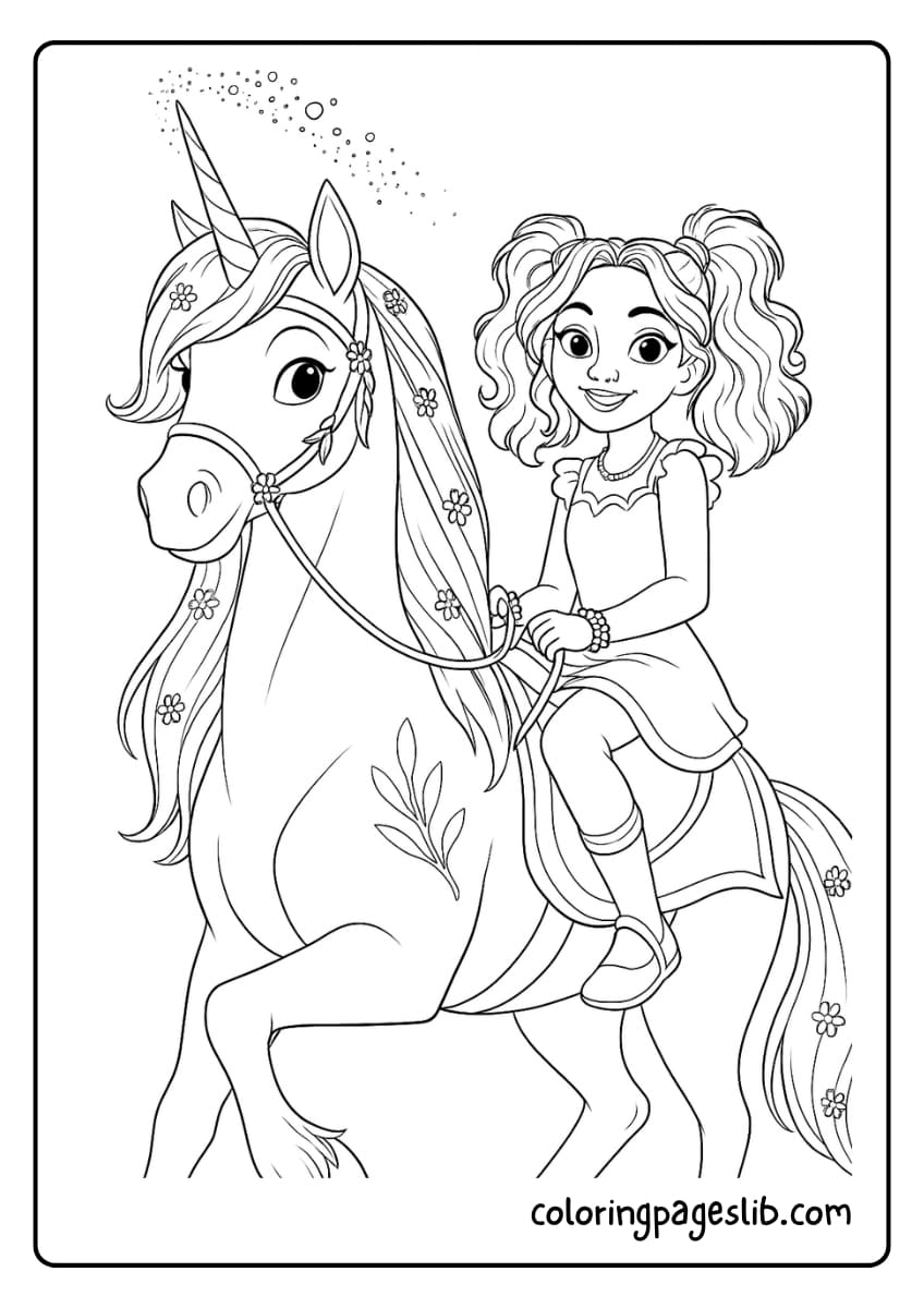 Valentina and her unicorn Cinder from Unicorn Academy shine with confidence and magic in this detailed black and white coloring page