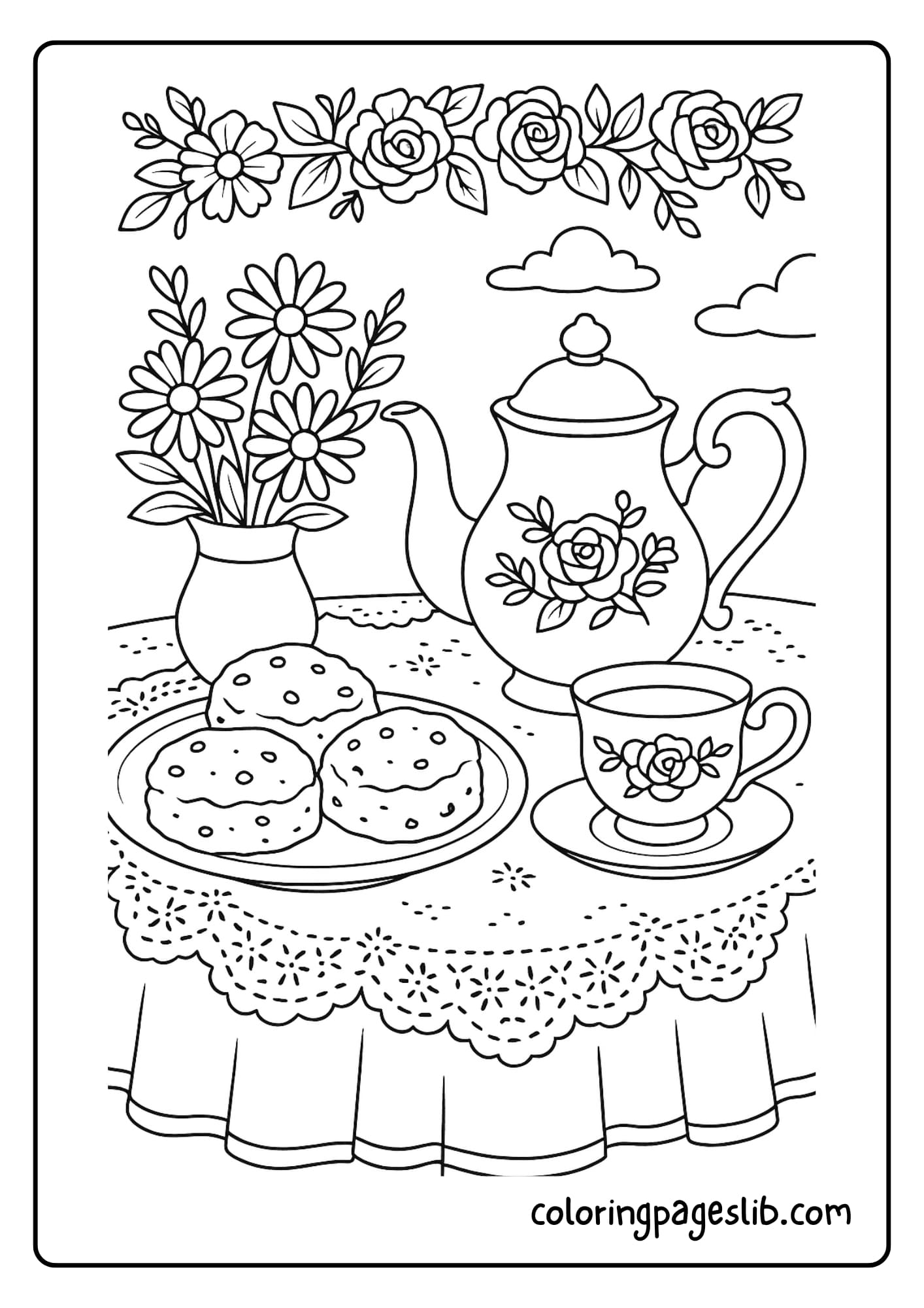 Vintage tea set and fresh scones on a lace-covered table