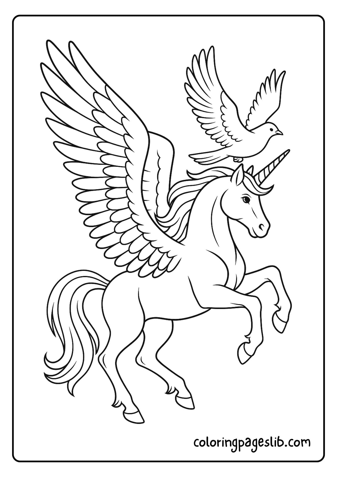 Winged unicorn and a bird flying side by side