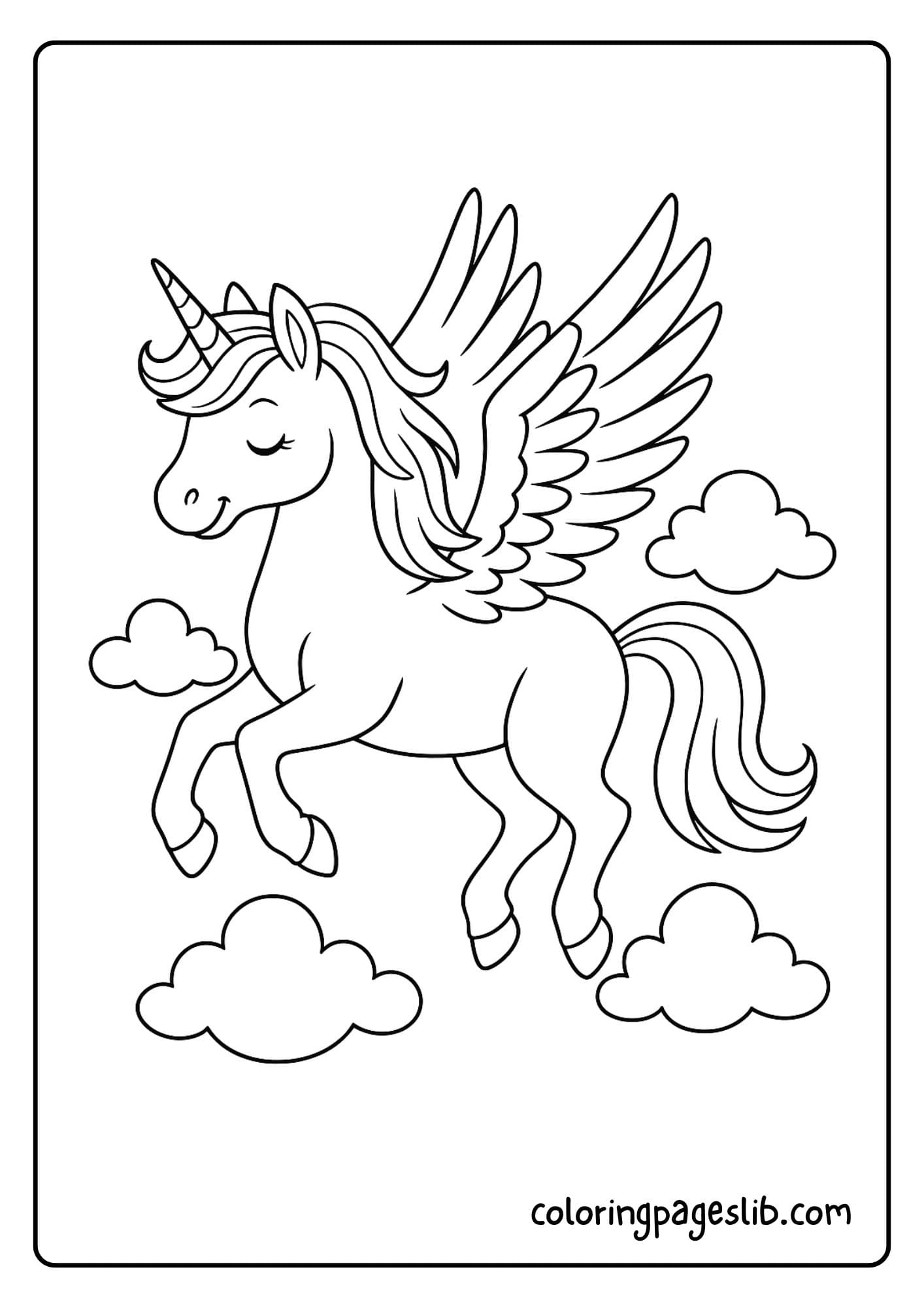 Winged unicorn flying through fluffy clouds