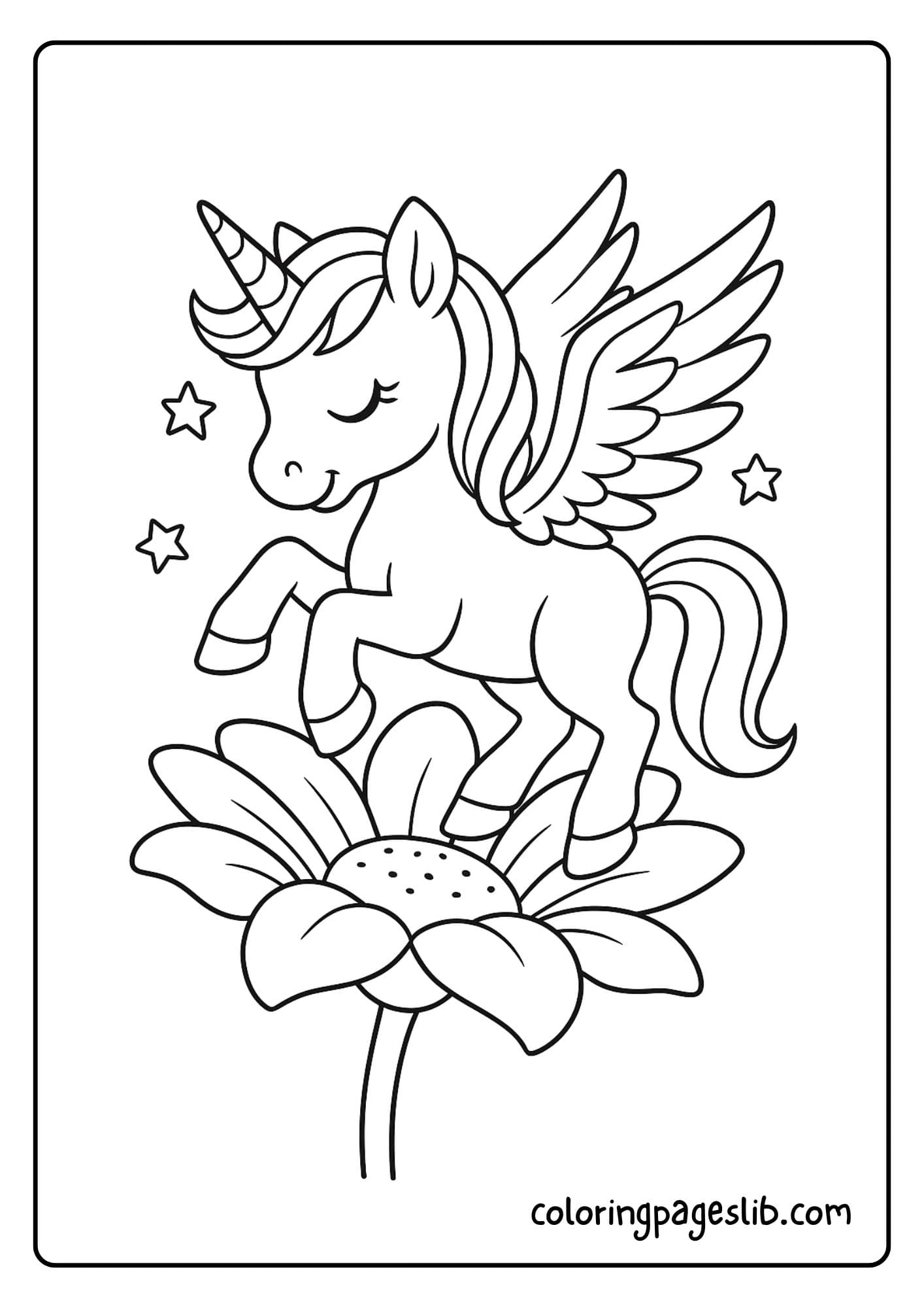 Winged unicorn landing gently on a giant flower