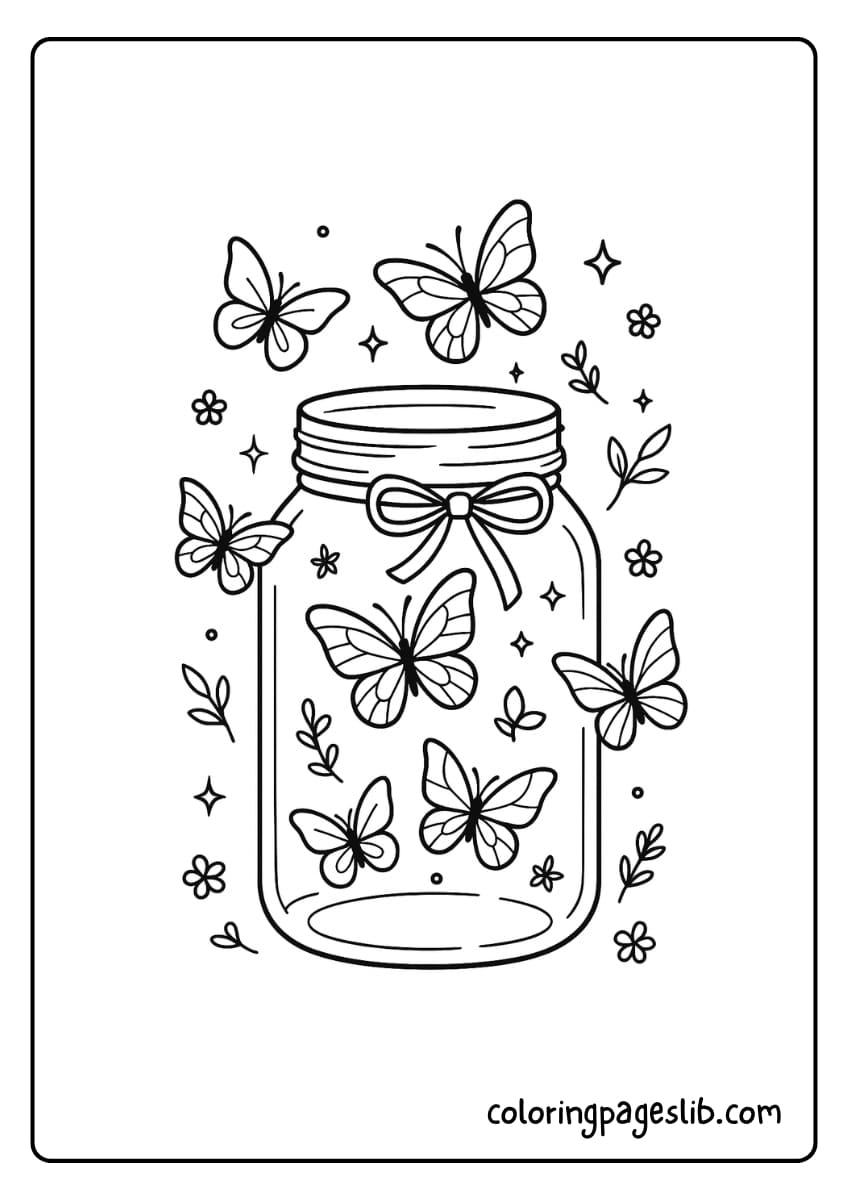 Wings in a Jar – Aesthetic Butterflies in Mason Jar Coloring Page