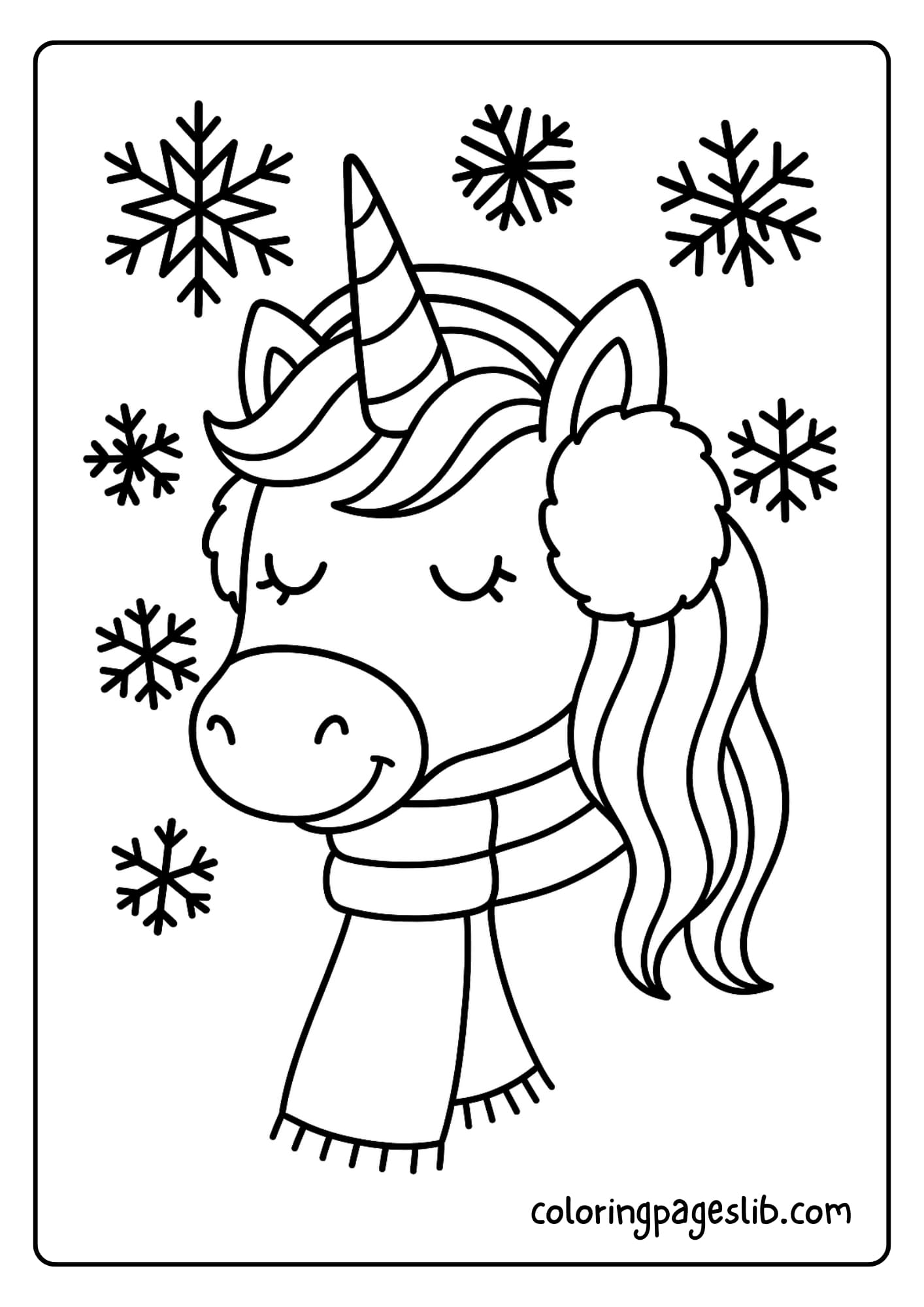 Winter unicorn head with a scarf, snowflakes, and earmuffs