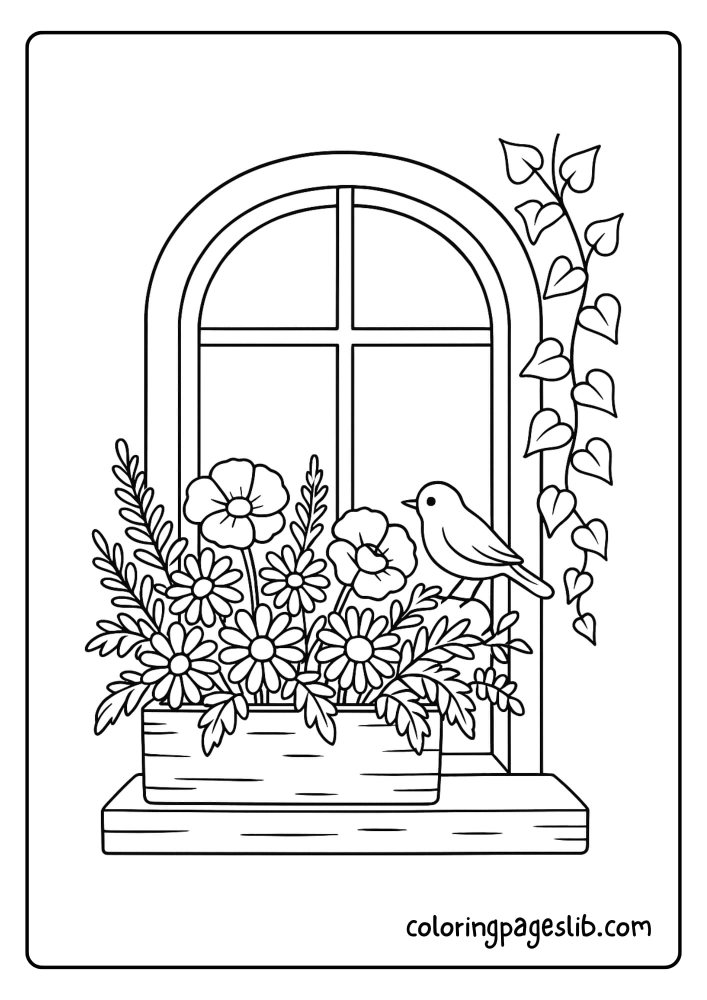 a cottage window with a wooden box spilling over with daisies, poppies, and ferns