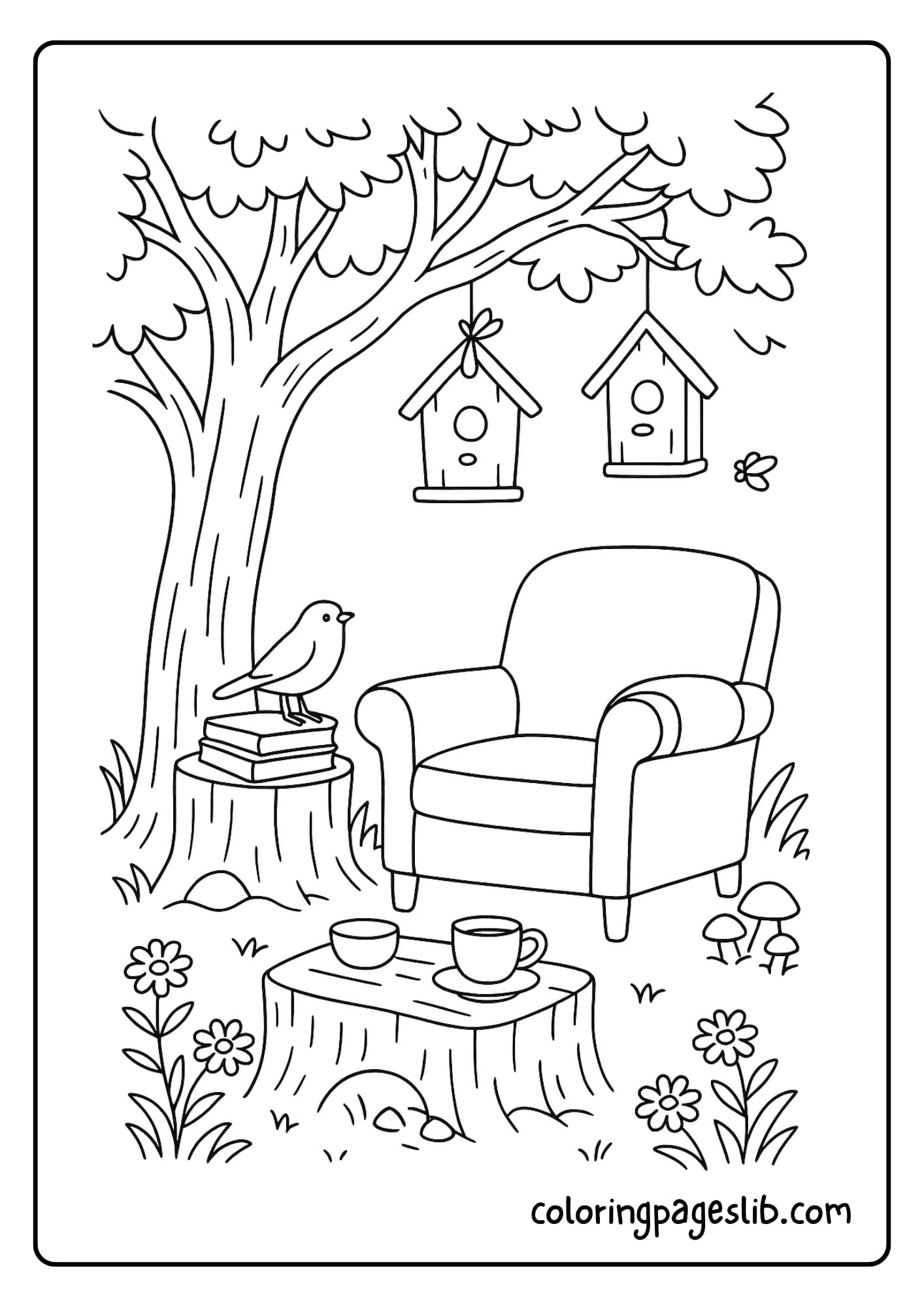 a cozy armchair under a large tree, a stack of books on a stump, a tea cup on the armrest, and mushrooms at the base of the tree