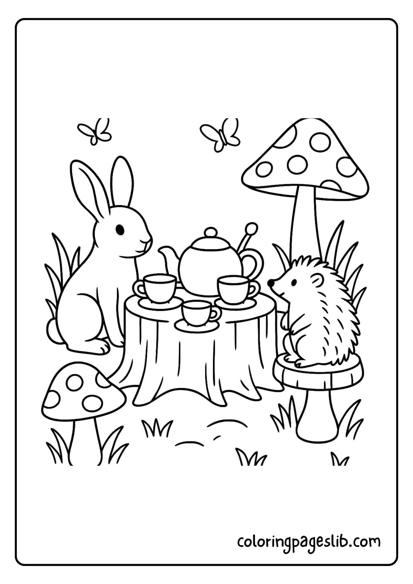 a low log table set with mismatched teacups, a teapot, and mushroom stools