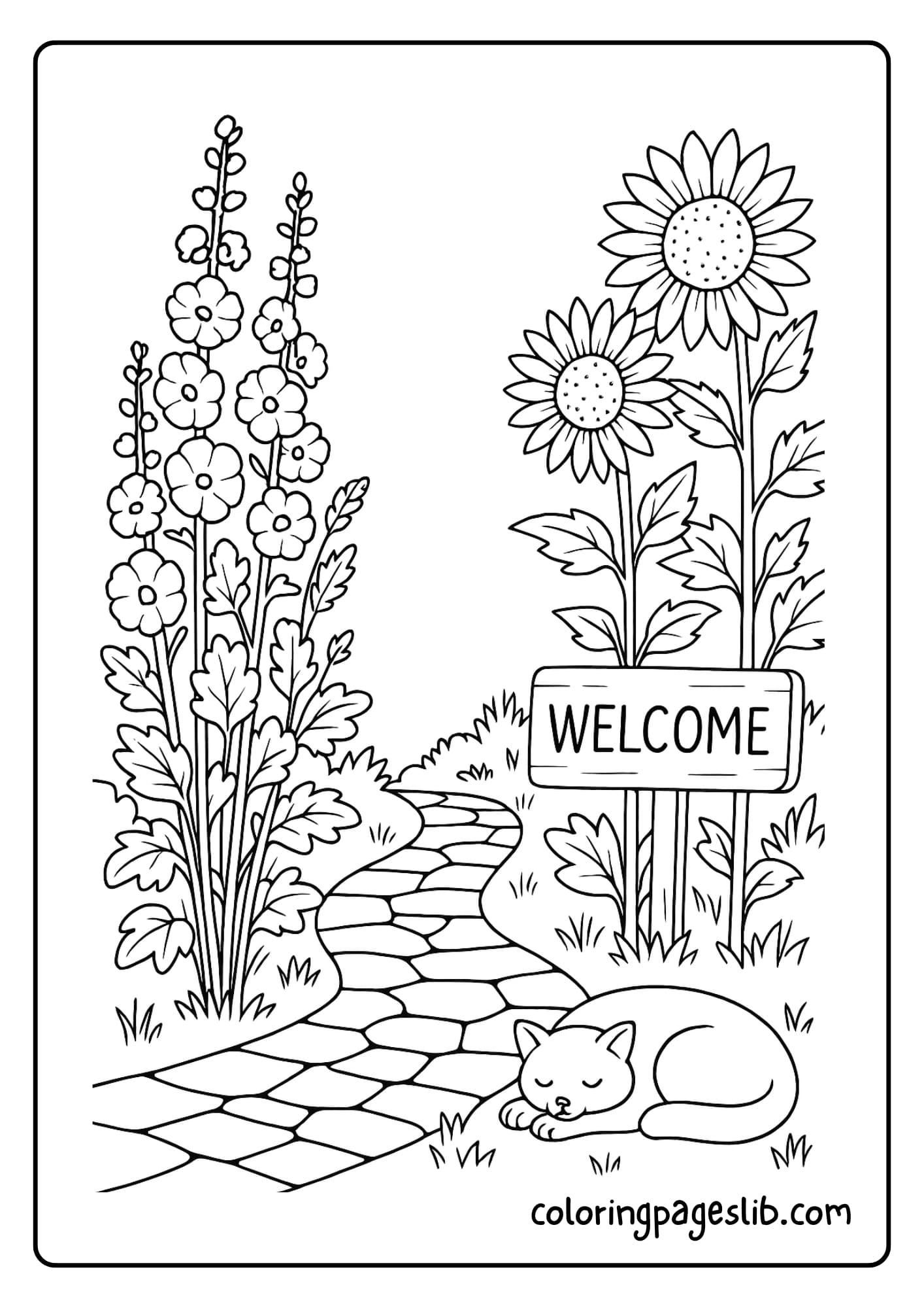 a stone path winding between tall hollyhocks and sunflowers