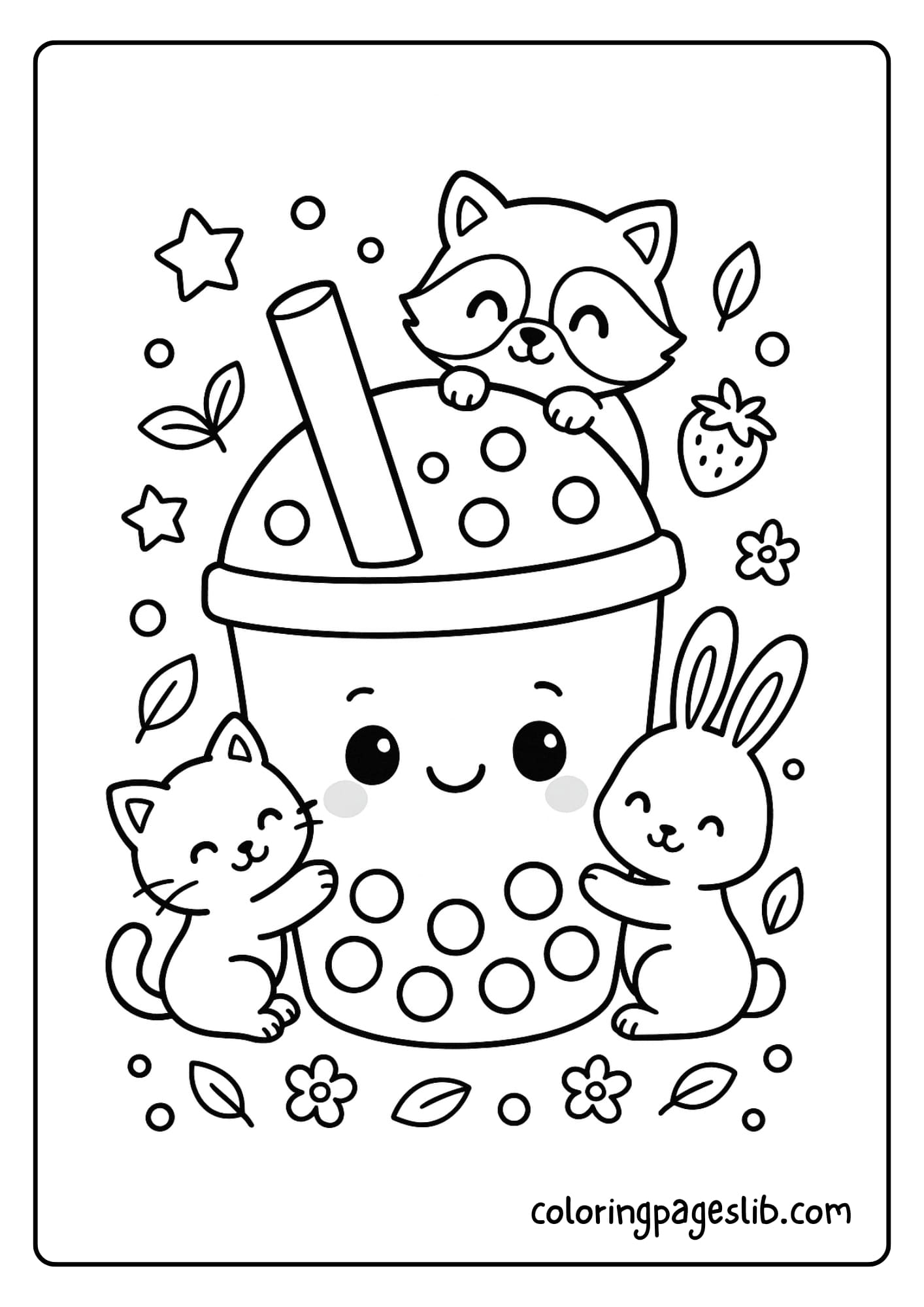bubble tea (boba tea) cup with expressive eyes or smiling face, surrounded by adorable animal characters
