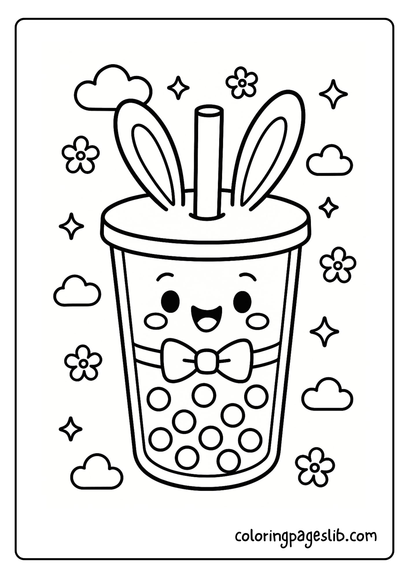 large bubble tea cup (boba tea) with a dome lid and a big straw, surrounded by adorable round animal characters like bunnies, cats