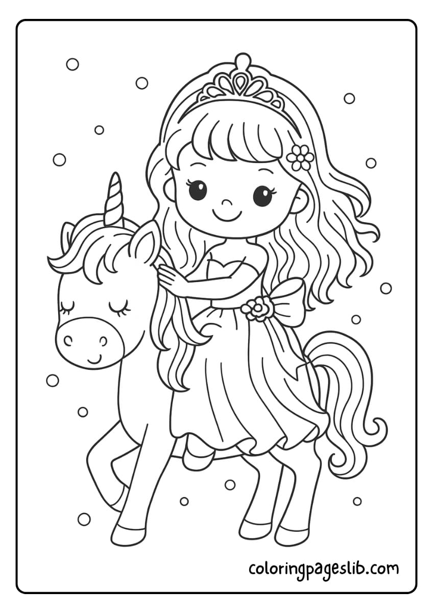 princess riding unicorn coloring page