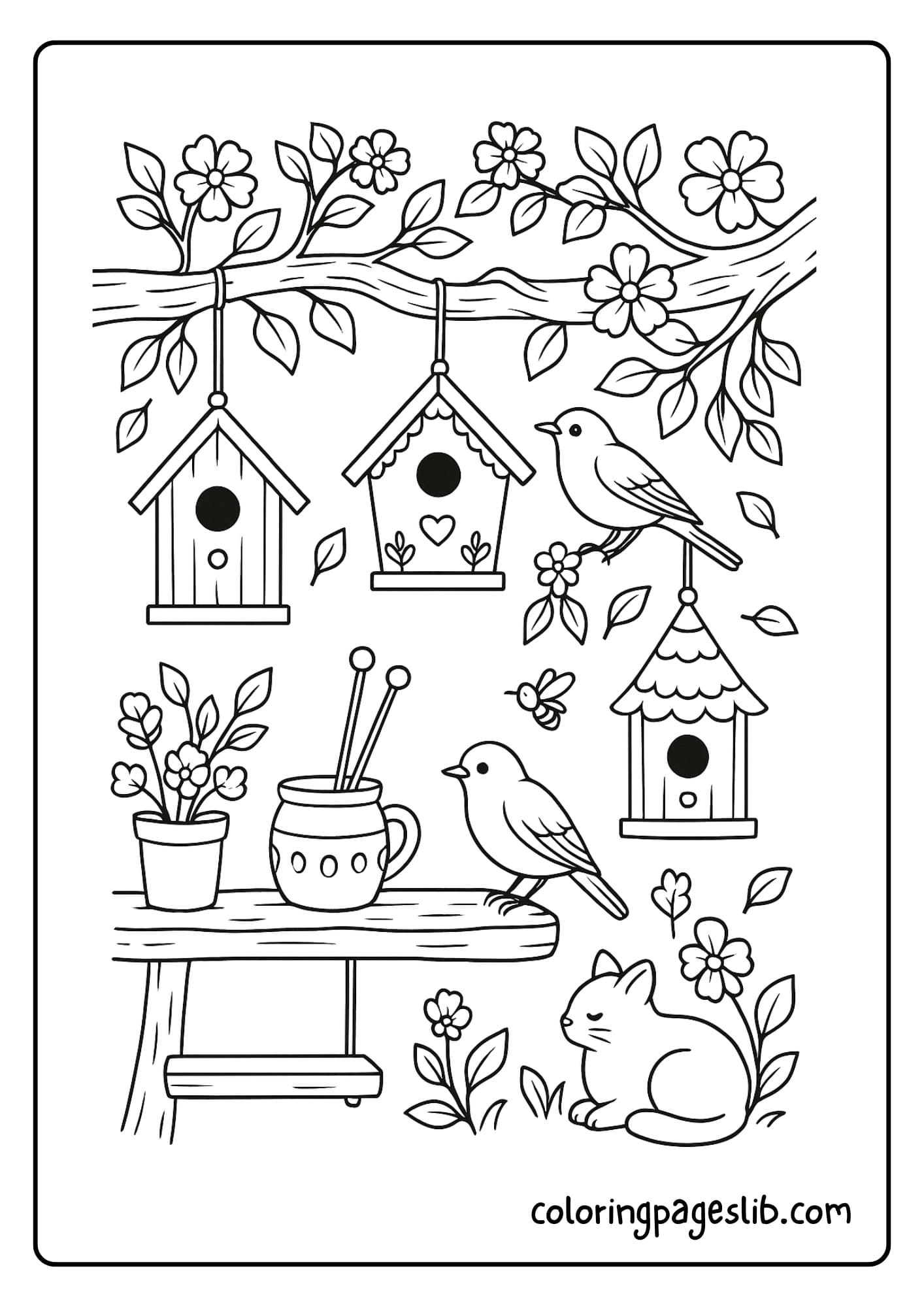 several hand‑painted birdhouses hanging from a flowering tree branch, a swing below, and a robin perched on one