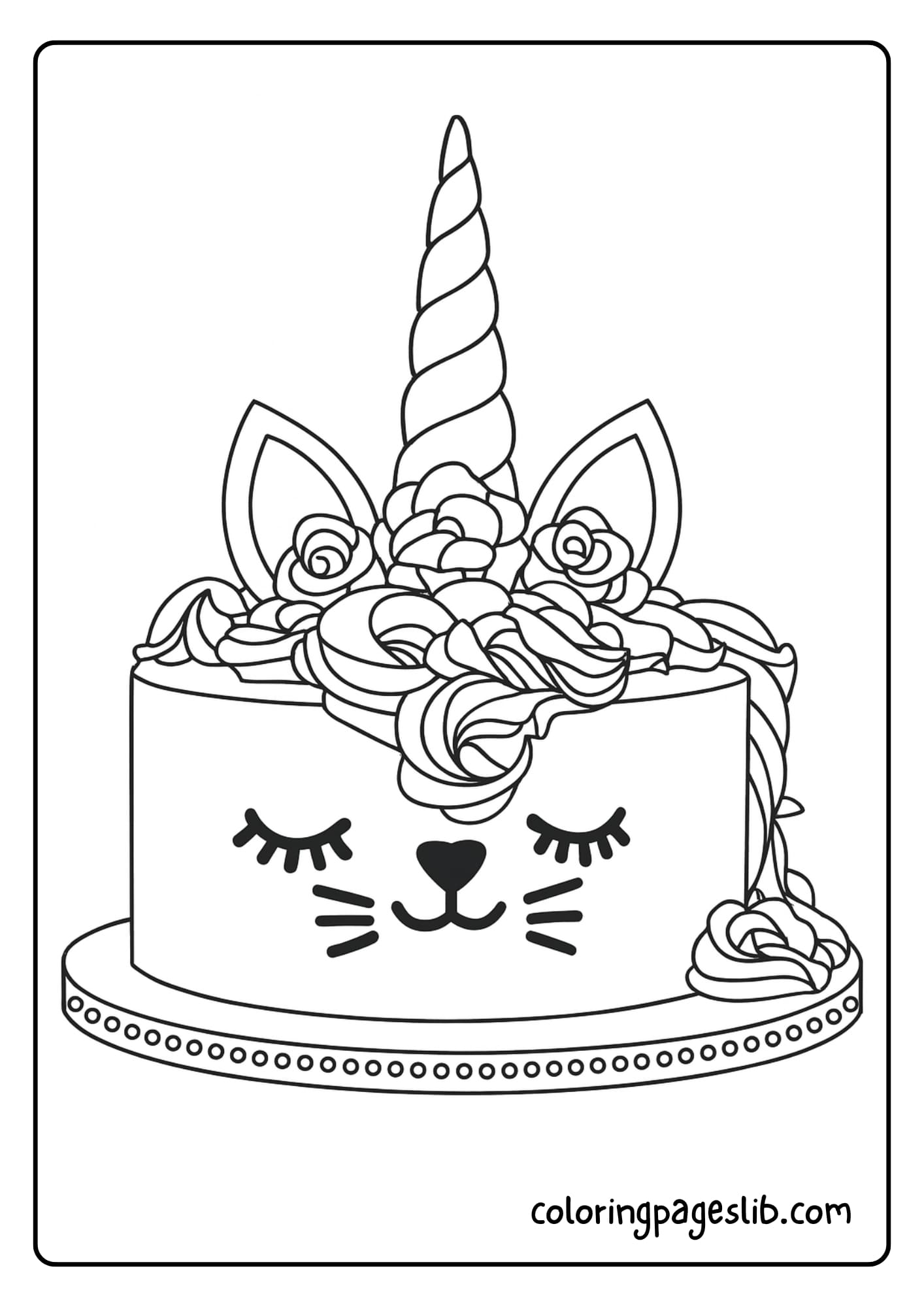 unicorn cake coloring pages_ A cute unicorn cat cake with a swirly mane, closed eyes, and a tall horn, perfect for a fun coloring activity