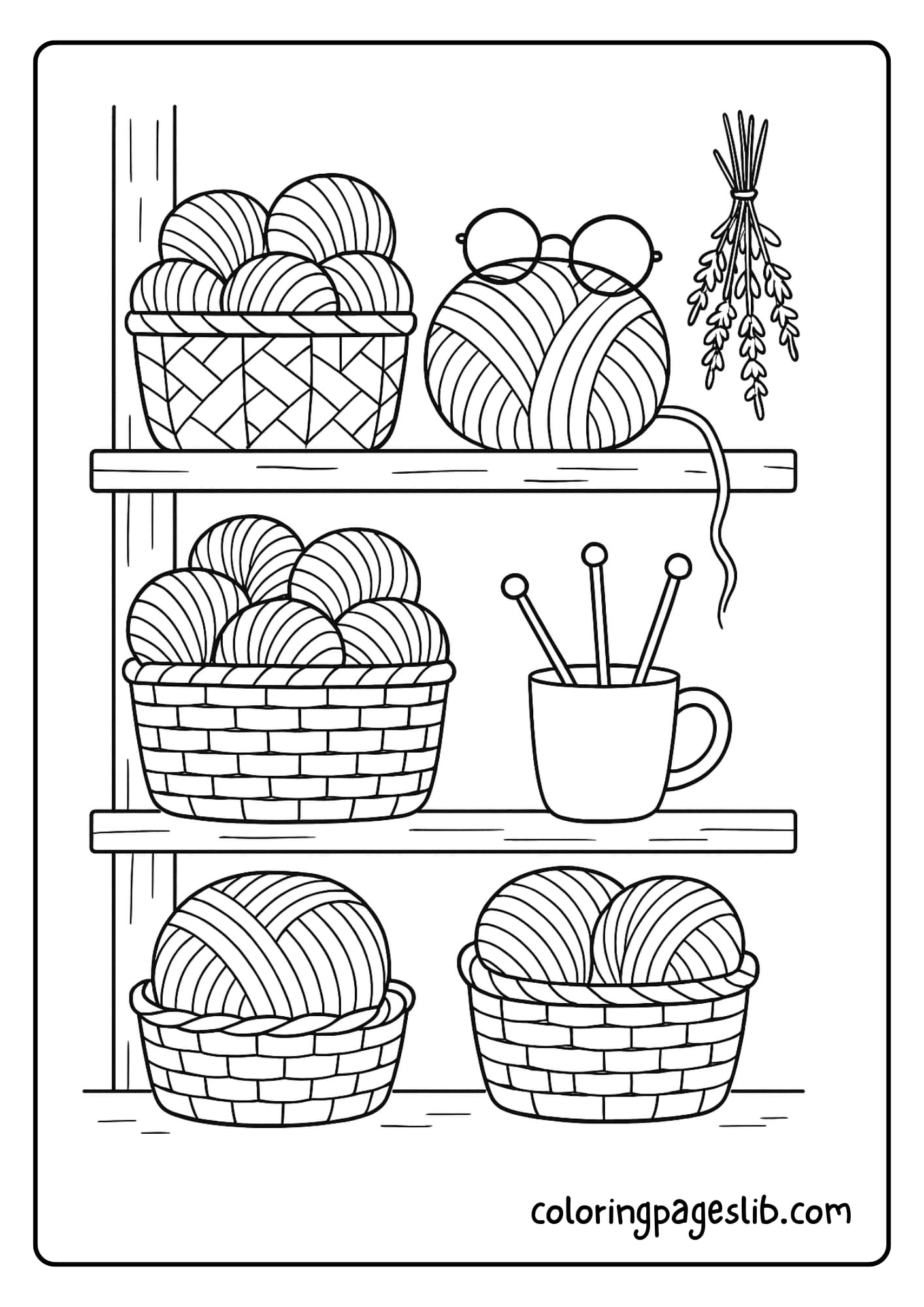 wooden shelves overflowing with skeins of yarn in baskets, knitting needles stuck in a mug