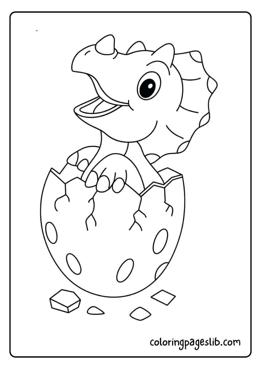 A baby dinosaur is happily hatching from a spotted egg