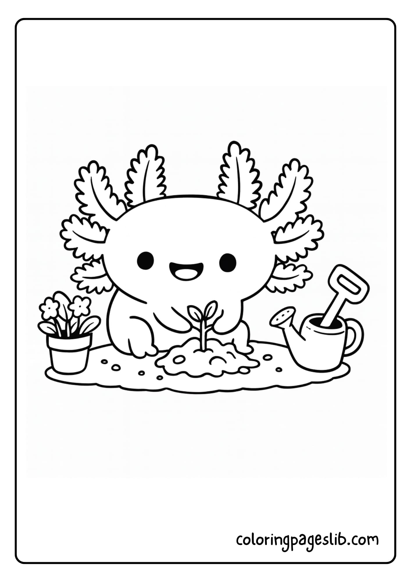A cheerful axolotl happily planting a tiny sprout in the garden