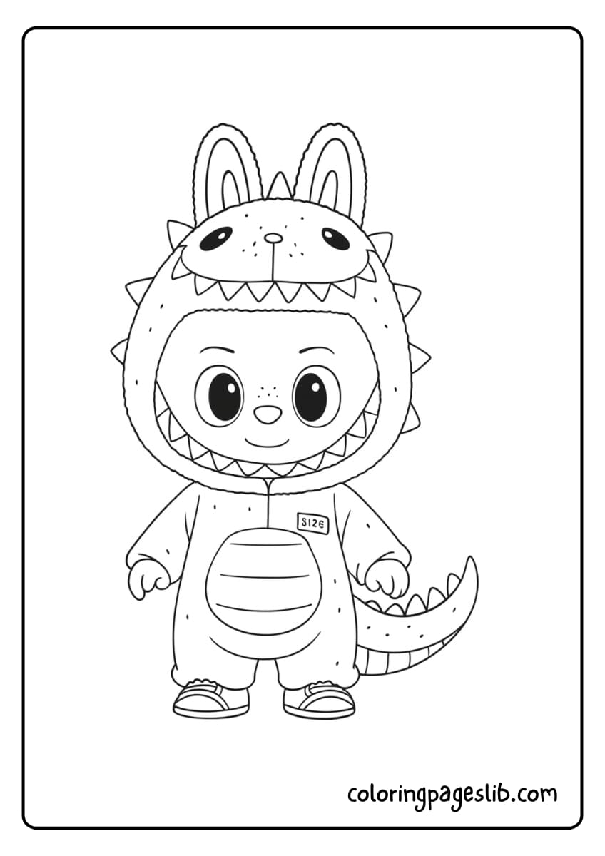 A cheerful child is wearing a cute dinosaur costume with a big hood, spikes, and a tail