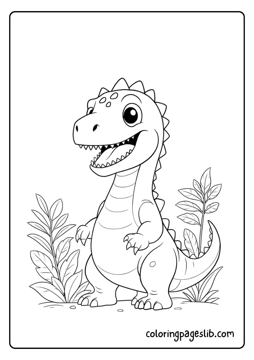A cheerful dinosaur is standing among plants with a big friendly smile
