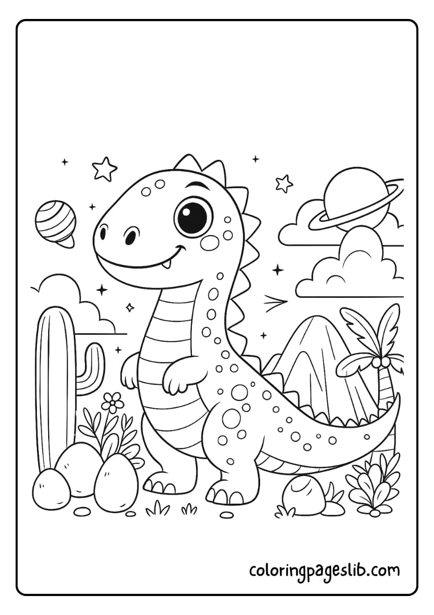 A cheerful dinosaur is standing in a prehistoric landscape with plants, mountains, and planets in the sky