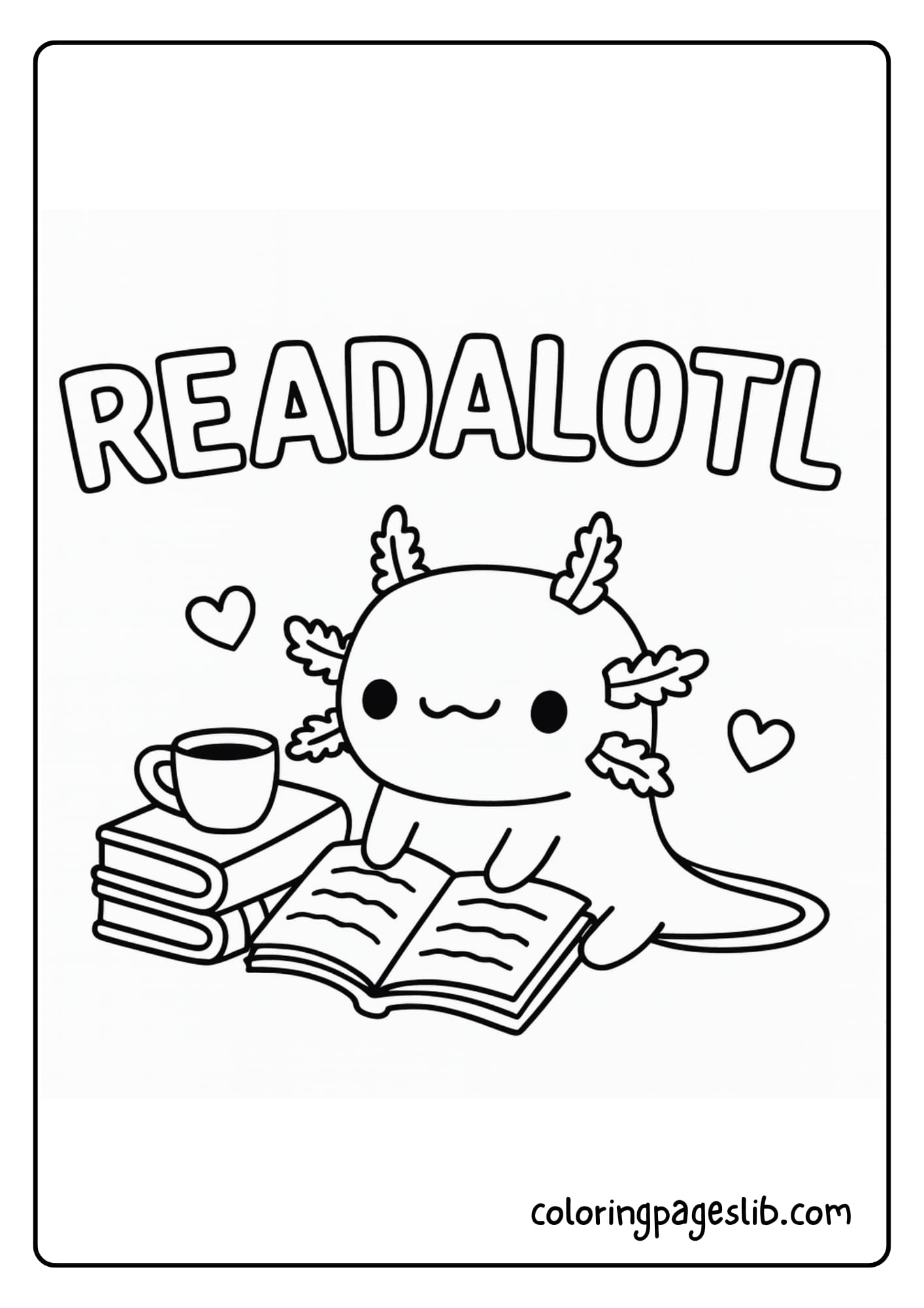 A cozy axolotl reading a book with a curious smile