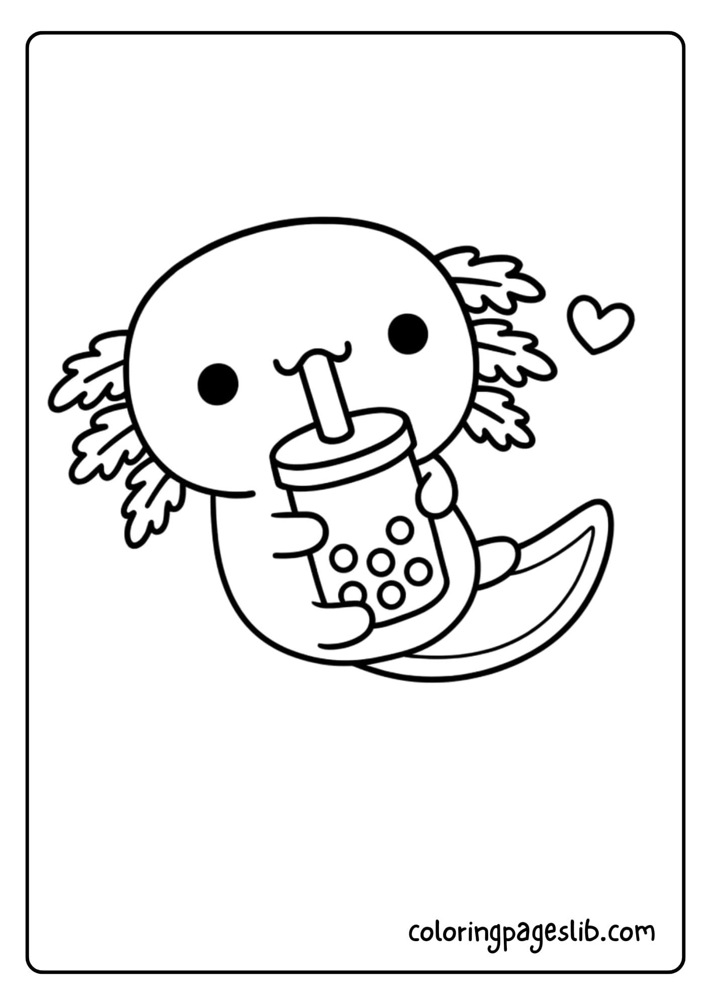 A cute axolotl happily sipping on a cup of bubble tea