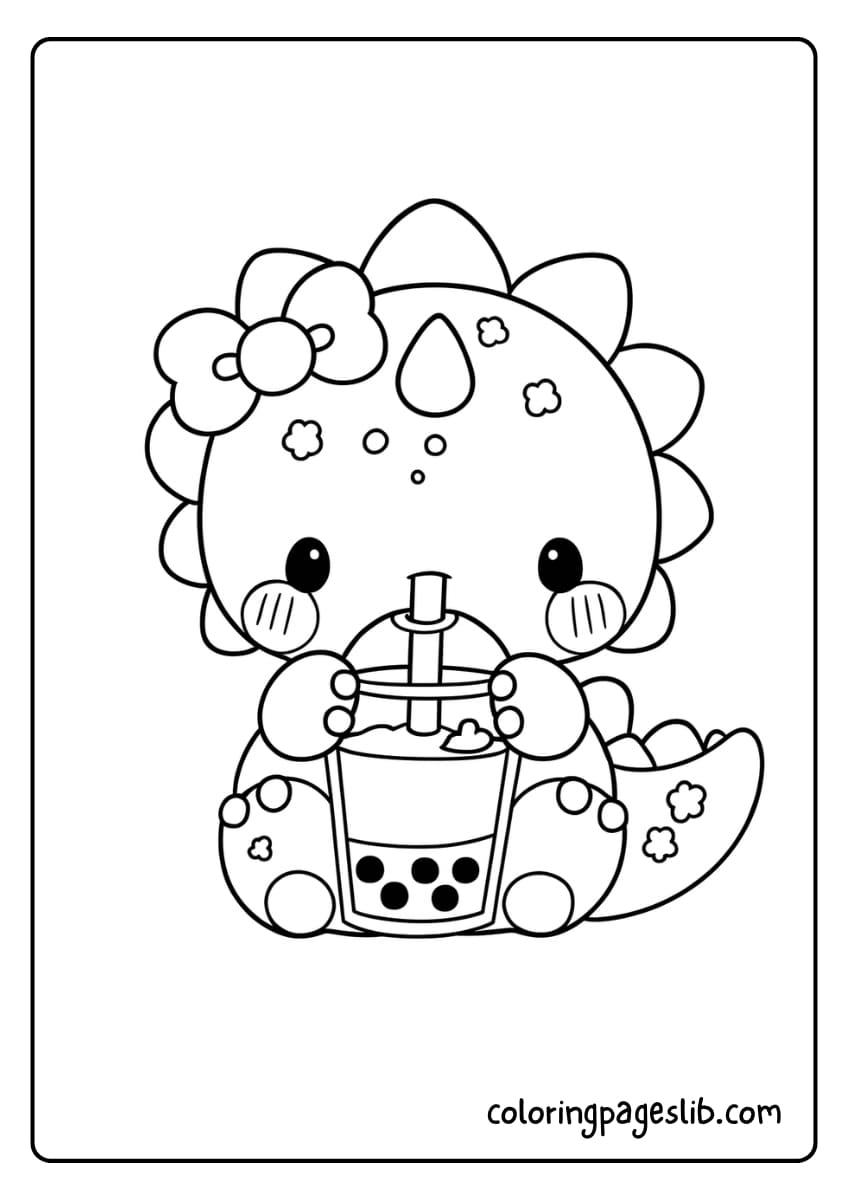 A cute baby dinosaur with a bow is happily drinking bubble tea