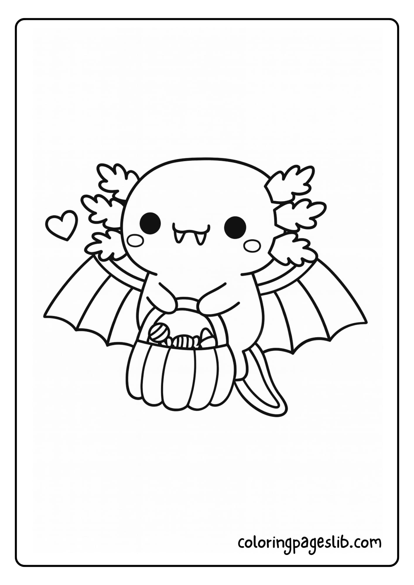 A cute bat winged axolotl holding a pumpkin bucket for Halloween