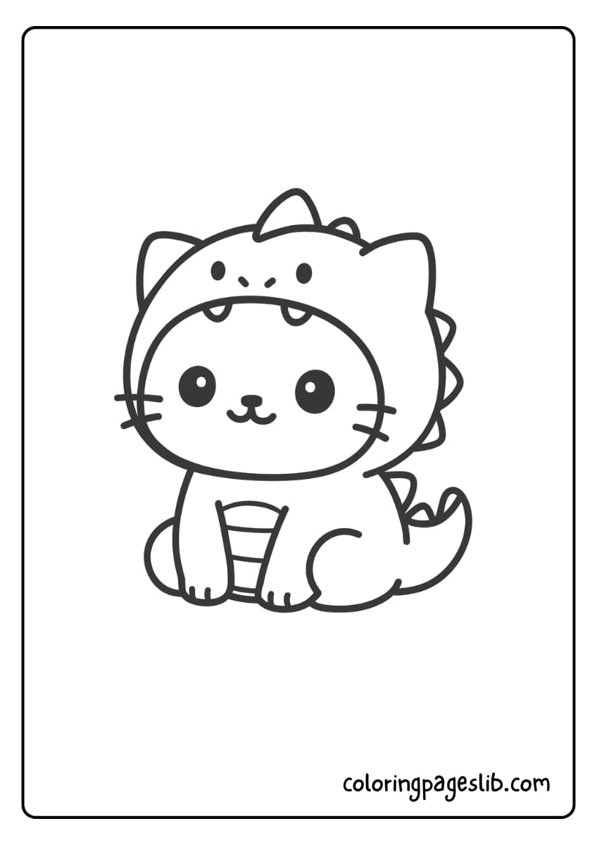 A cute cat is dressed in an adorable dinosaur costume, sitting happily