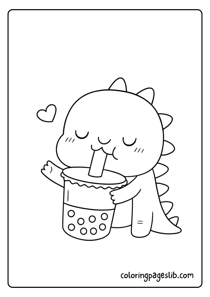 A cute dinosaur is happily drinking bubble tea with a heart floating nearby